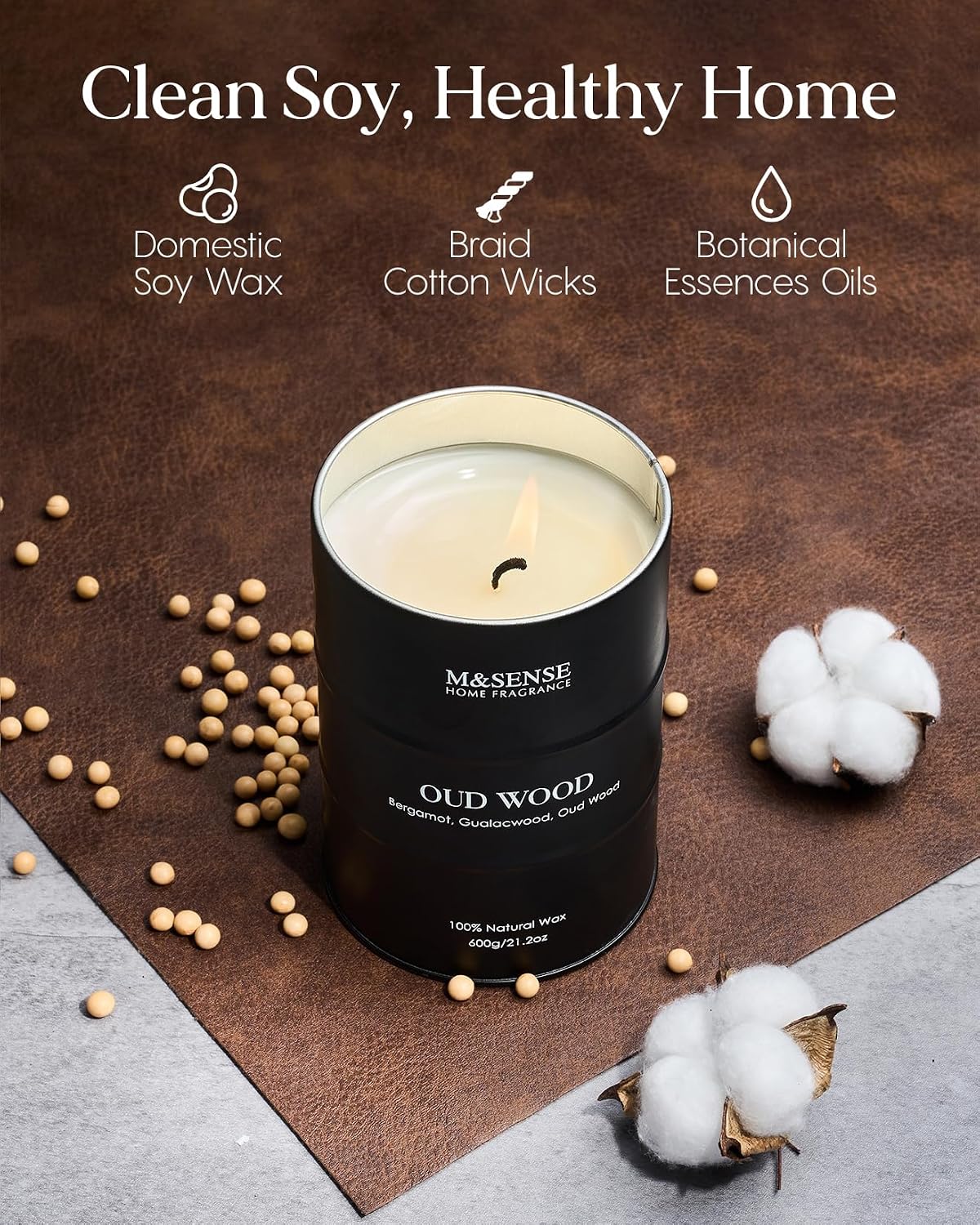 Detalle de M&SENSE MSTC0241L OudWOOD Soy Wax Candle, 21.2 oz Oud Wood