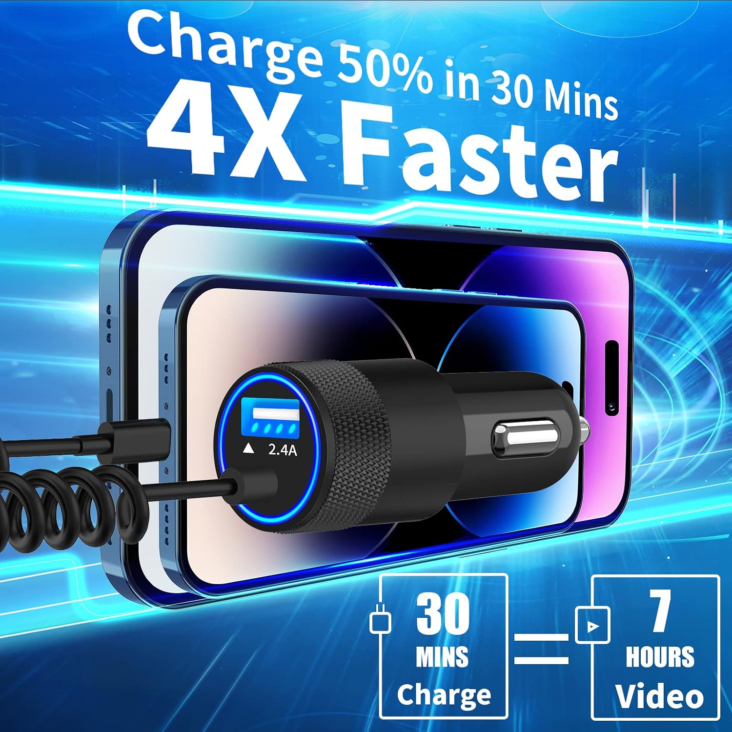 Thumbnail 4 de Caiinei MFi Certified 4.8A Dual USB Car Charger with 6FT Coiled Lightning Cable