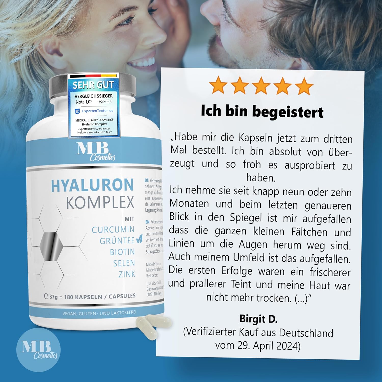 Detalle 2 de 180 Hyaluronsäure Kapseln hochdosiert mit Zink, Curcumin & Grüntee-Extrakt – vegan, ohne Zusätze, Made in Germany