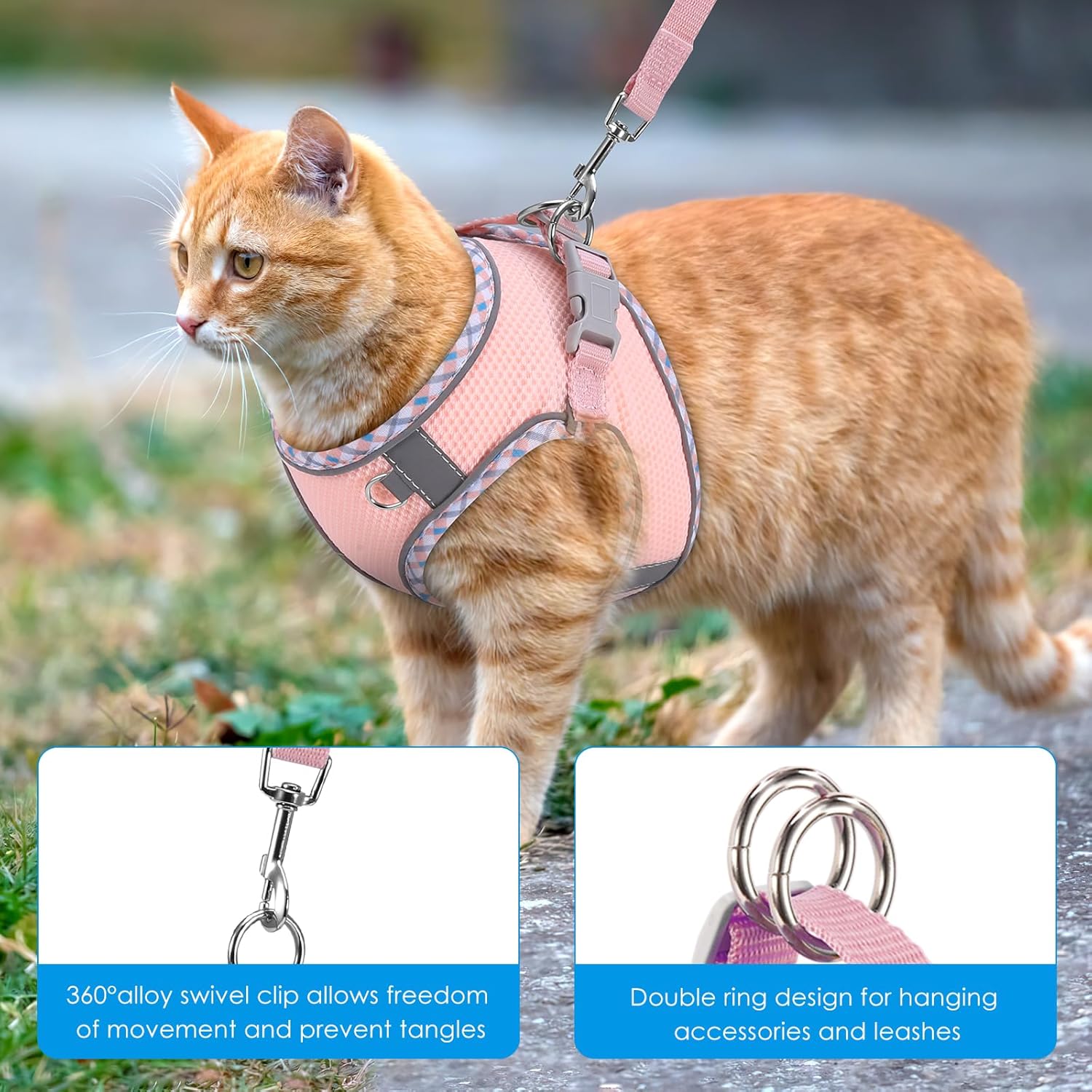 Detalle de Brifit Cat Harness and Lead Set (Soft Mesh, Escape-Proof Vest) with Reflective Kitten Harness, Pink, XXS