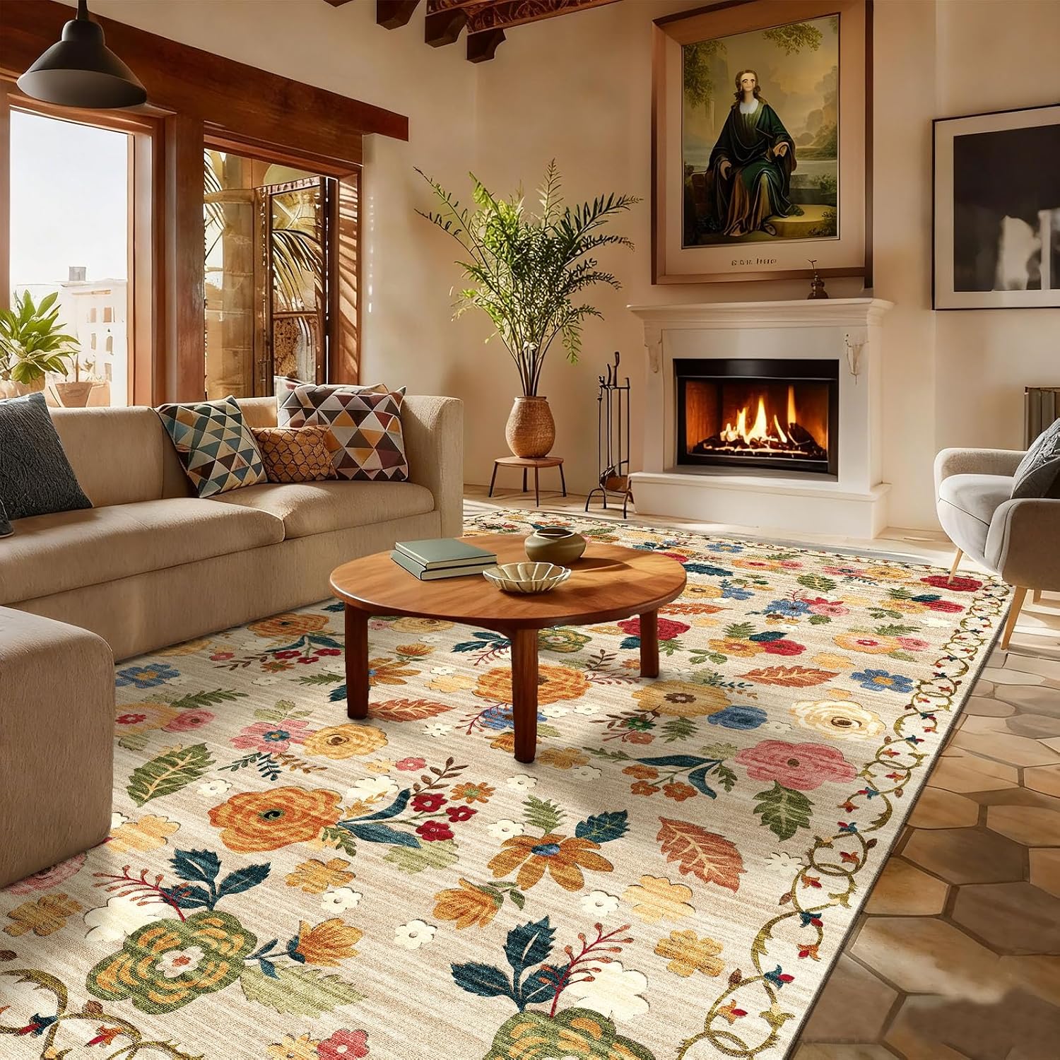 Detalle 2 de 9x12 Area Rug for Living Room – Washable, Non-Slip, Low-Pile Faux Wool with Distressed Vintage Floral