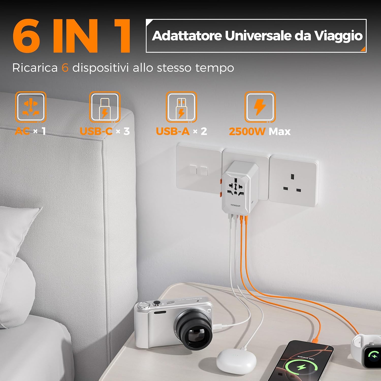 Detalle de TESSAN Adattatore Universale da Viaggio 2500W 🔌