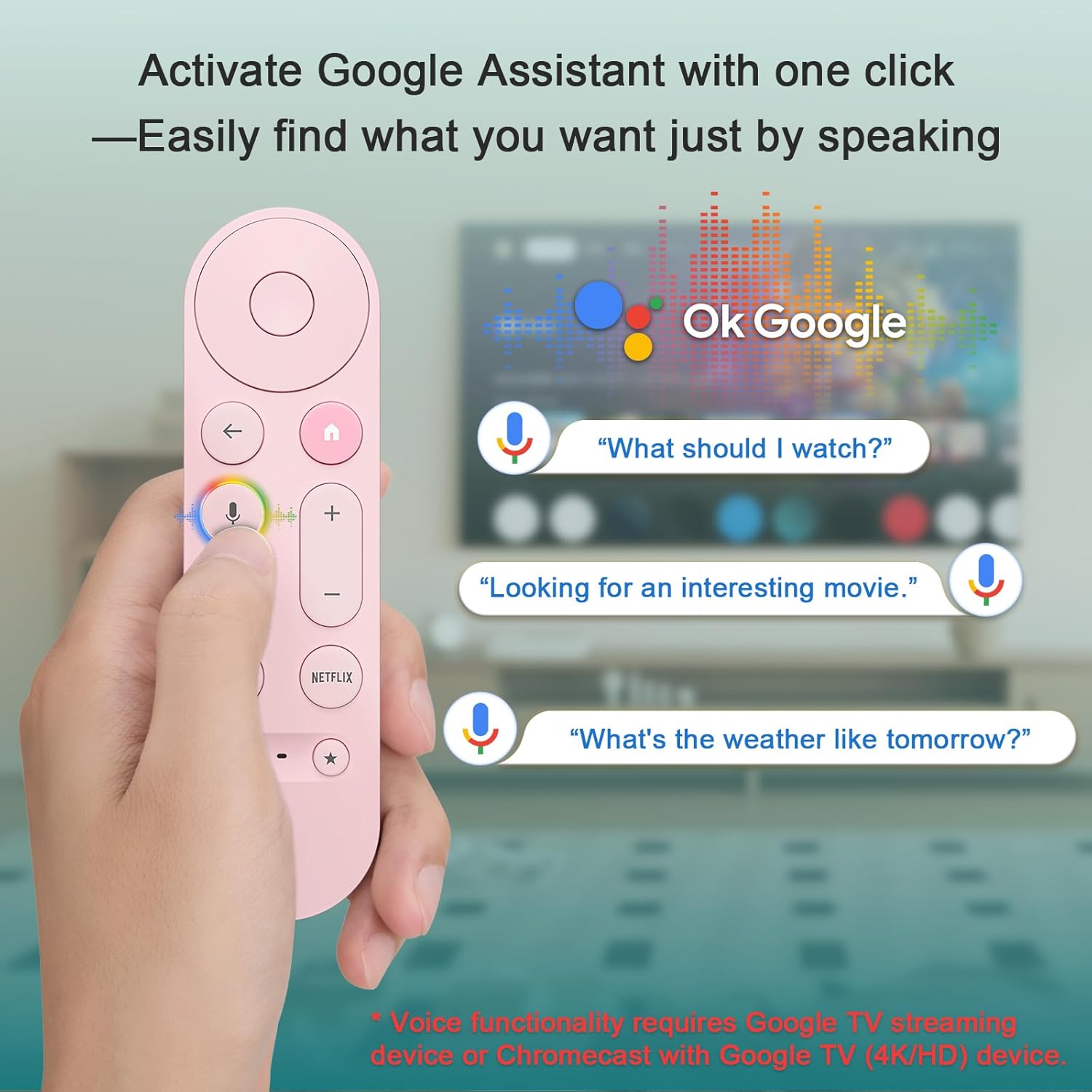 Detalle de Voice Replacement Remote for Google Chromecast TV (Pastel Pink) — 1-Year Warranty