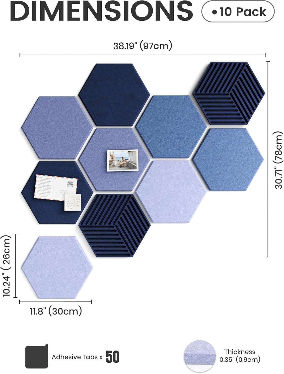 Detalle 2 de Fluxynara 10-Pack Hexagon Felt Bulletin Boards, Denim Mist, 50 Adhesive Tabs