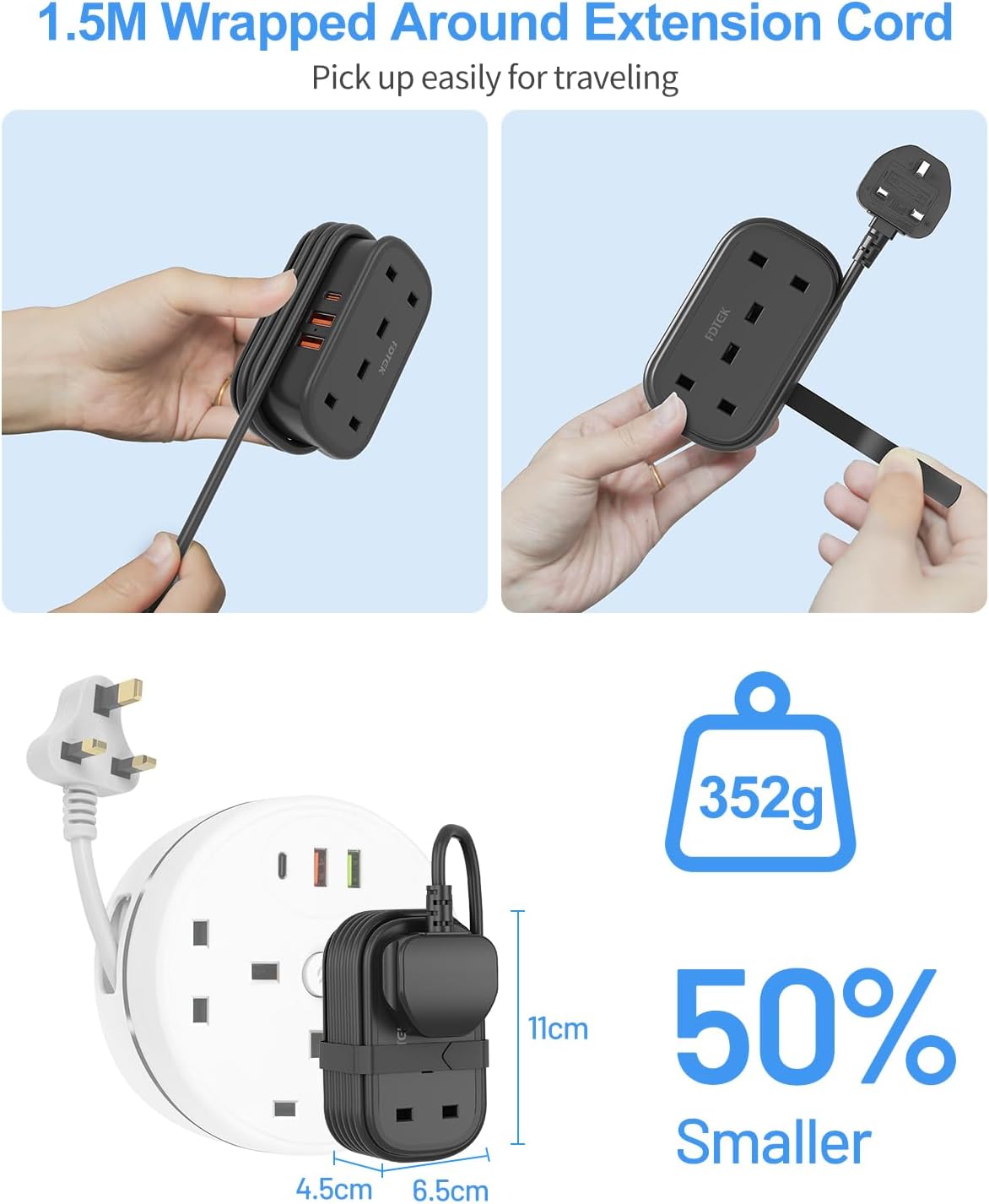 Detalle de FDTEK Travel Extension Lead (2-way power strip with retractable USB-C cable and 3 USB ports) – 1.5m UK travel extension