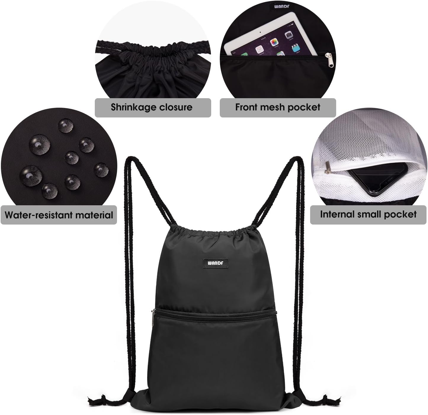 Detalle de WANDF Sac de sport à dos pliable ultraléger avec poche extérieure et cordon réglable