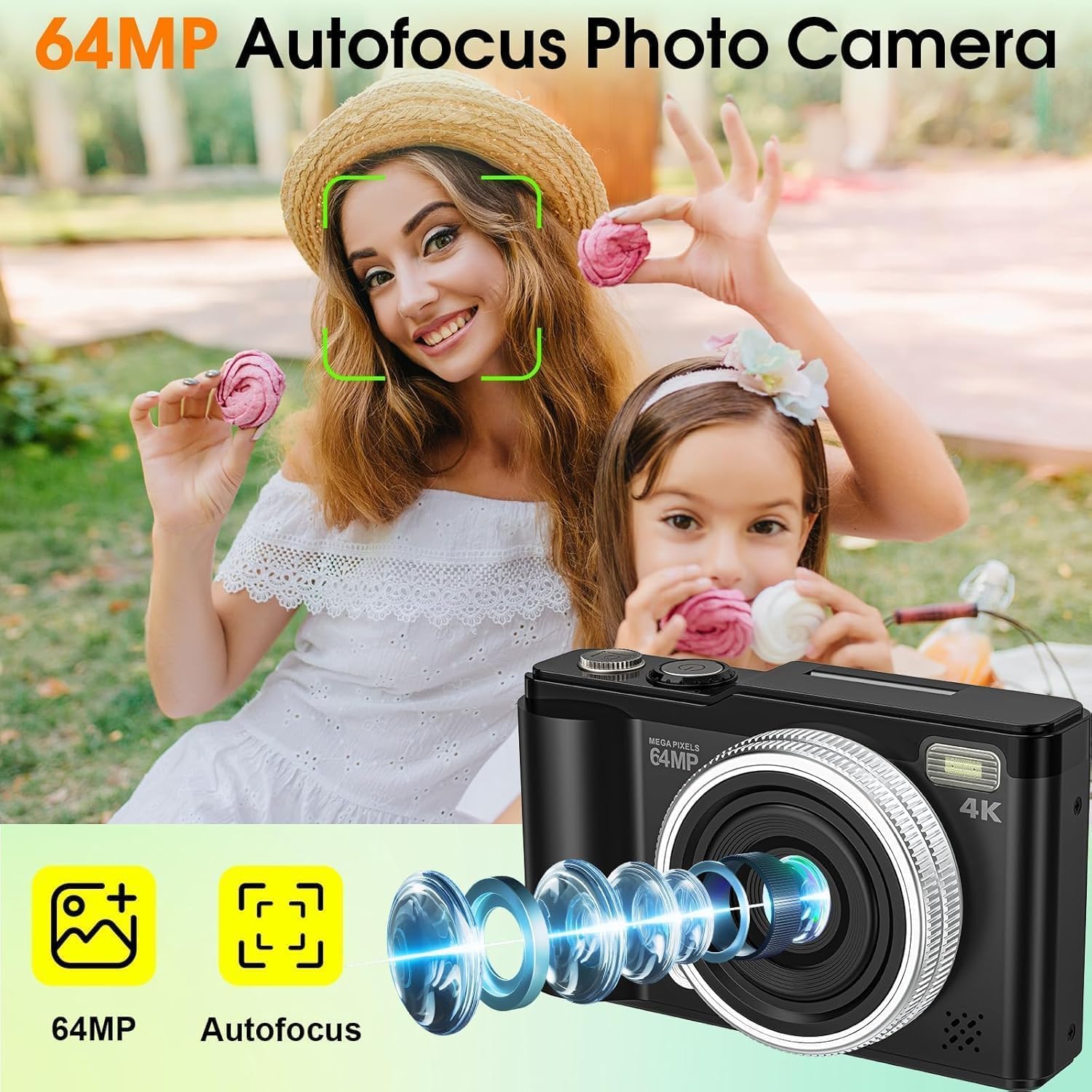 Detalle de Digital camera with 4K 64MP, 180° flip screen | Compact Autofocus & Macro