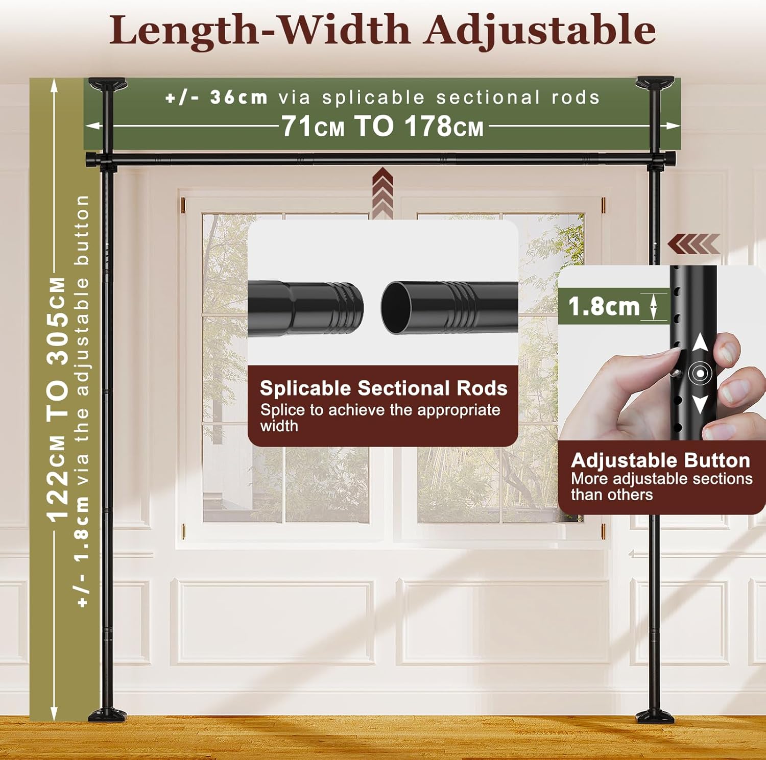 Detalle de Yeabett Raumteiler-Stange – Raumtrennsystem ohne Bohren, 122–305 cm × 70–177 cm (H×B), schwarz