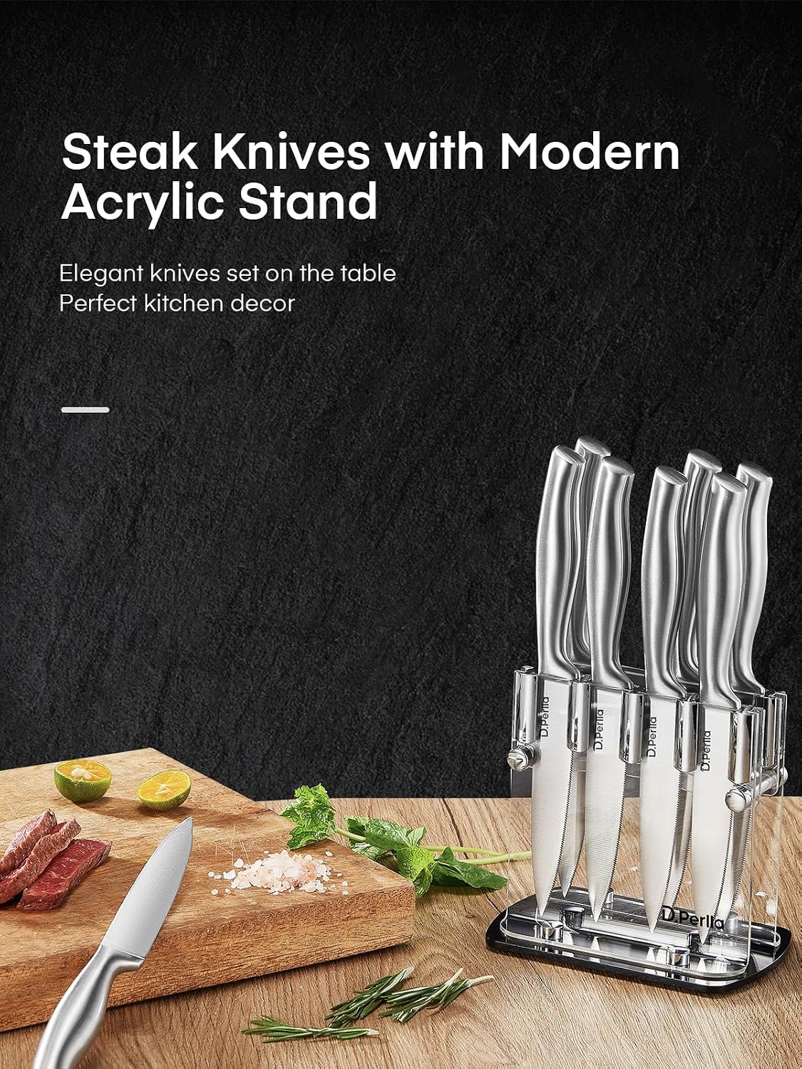Thumbnail 6 de D.Perlla K3-9 Steak Knife Set of 8 with Micro-Serrated Blades and Clear Stand
