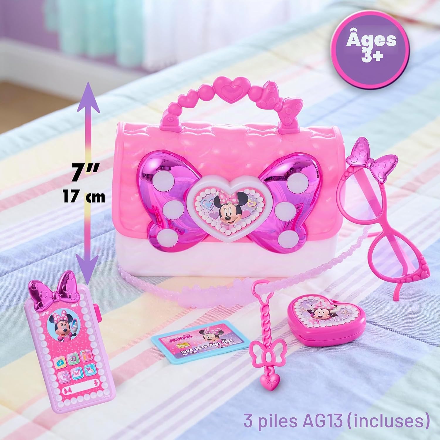 Detalle 2 de Just Play Coffret Sac à Main Minnie Mouse – Disney Junior, 7 Accessoires avec Sons et Lumières
