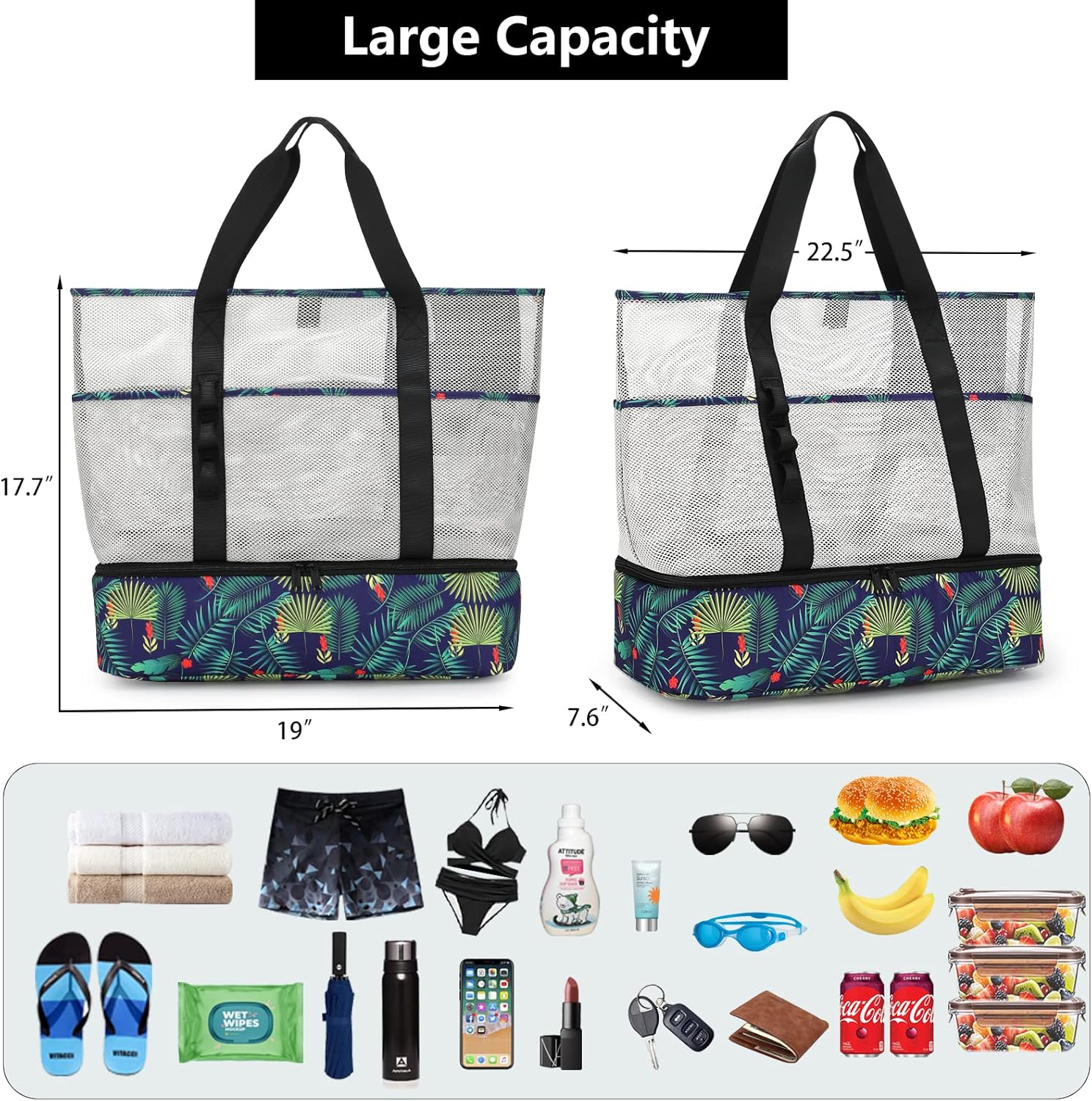 Thumbnail 3 de UYLIA Large Tote Mesh Beach Bag with Cooler – Robust, Foldable & Spacious (8 Pockets) for Beach, Pool and Travel
