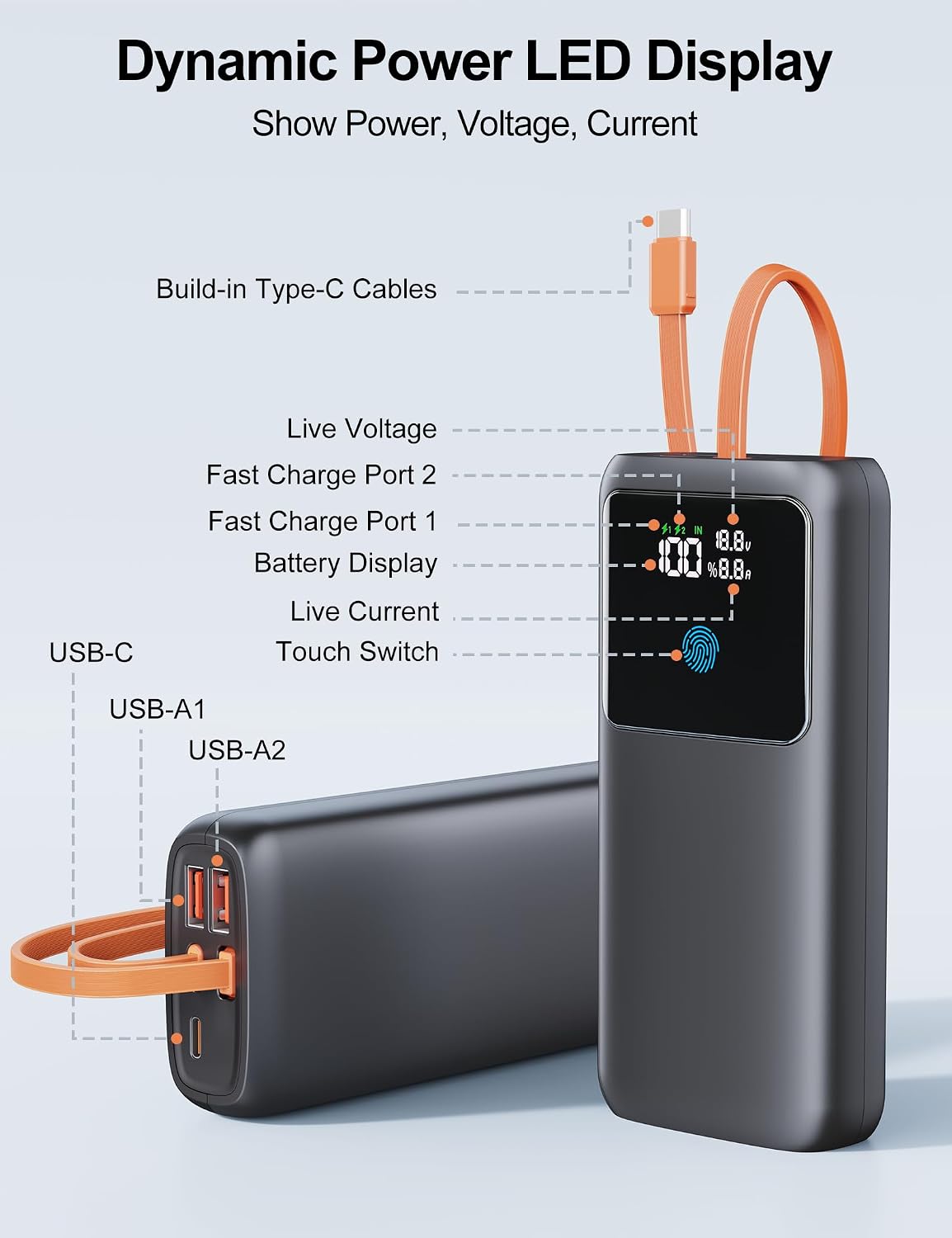 Detalle 1 de Makoval 24,000mAh 65W Portable Laptop Charger with Built-In USB-C Cable
