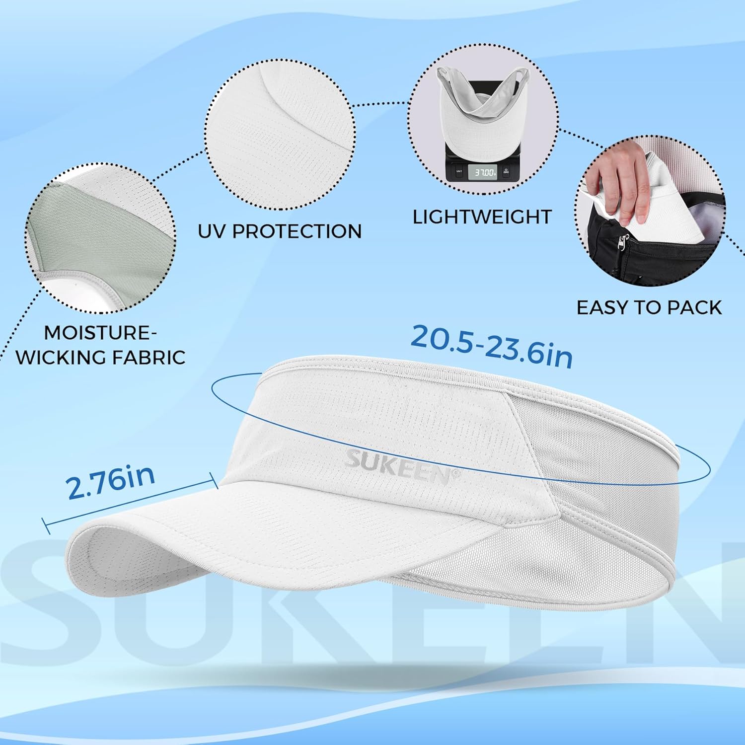 Detalle de Sukeen Sports Sun Visor: Lightweight, Packable UV Protection for Running, Tennis, Golf