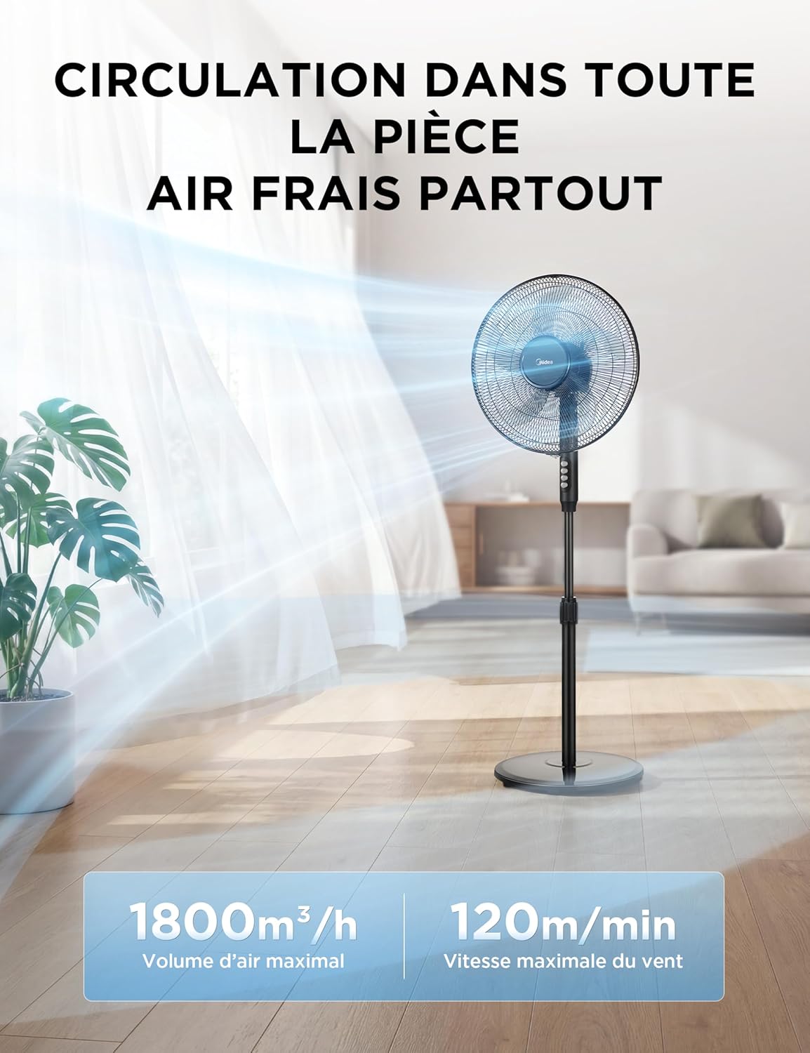 Thumbnail 4 de Midea Ventilateur sur Pied 107,5–122 cm – 40 W, 5 pales, oscillant, télécommande, noir