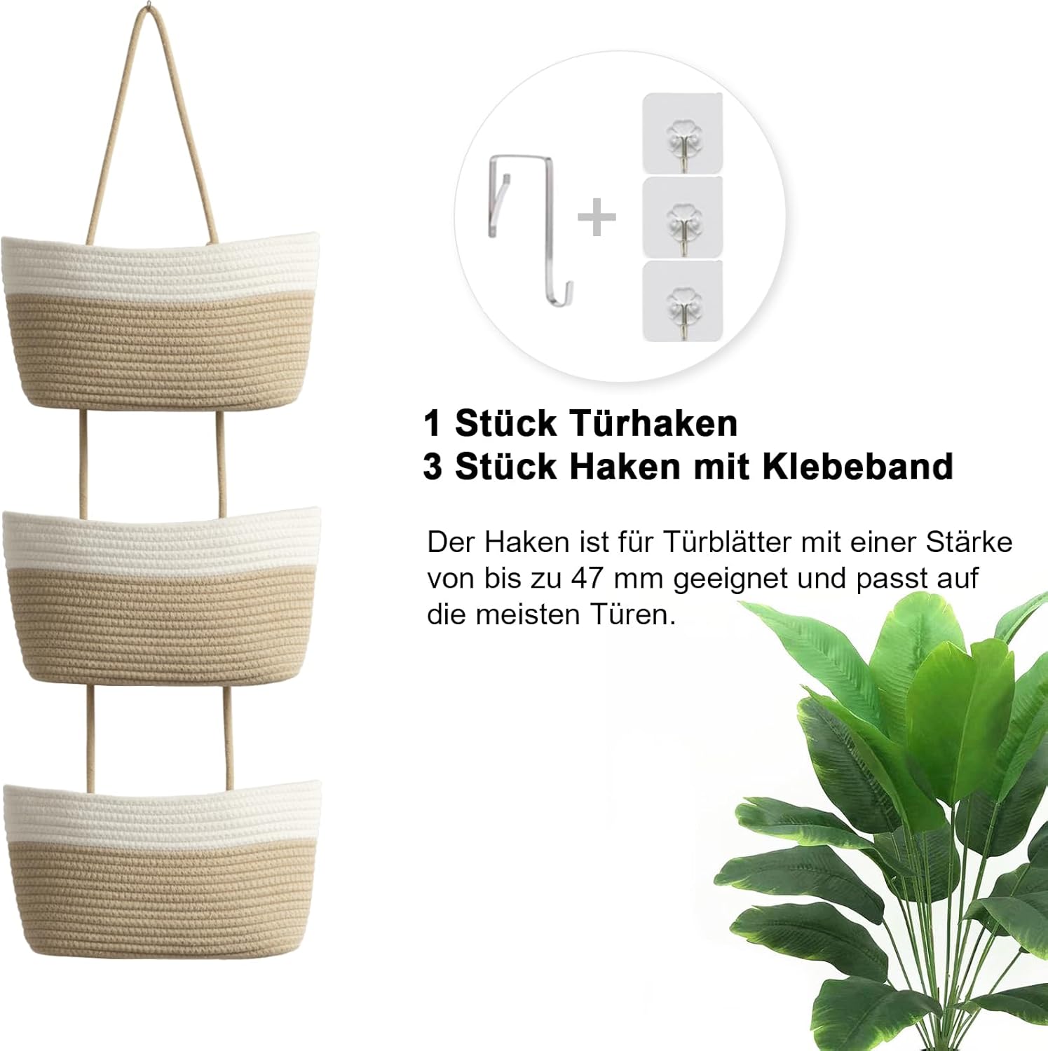 Thumbnail 4 de TeoKJ Hängekorb für die Tür (3-stöckig) aus gewebter Baumwolle – Organizer in Weiß + Jute