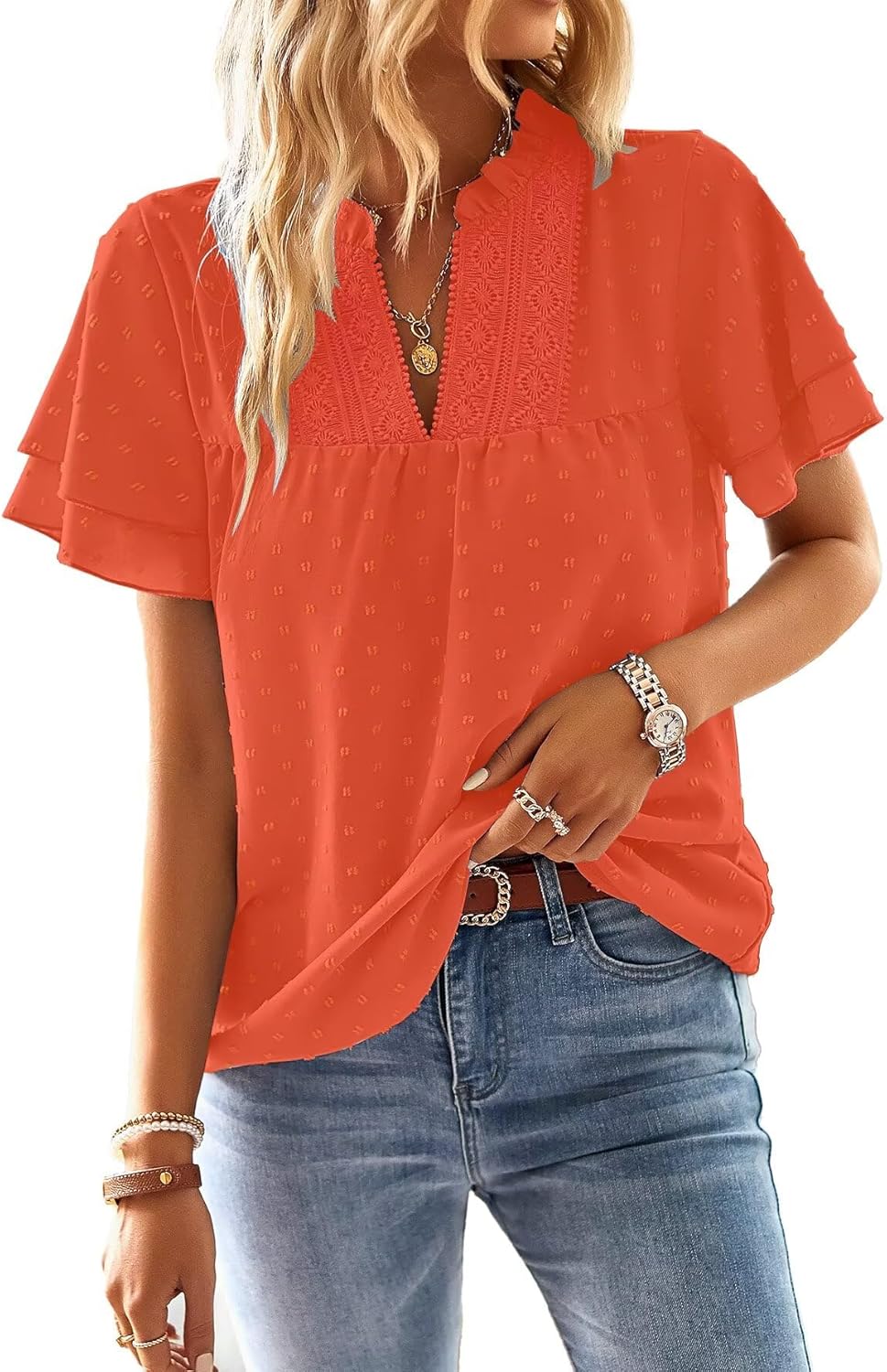 Thumbnail 6 de Falechay Womens Butterfly Sleeve V-Neck Swiss Dot Ruffle Blouse