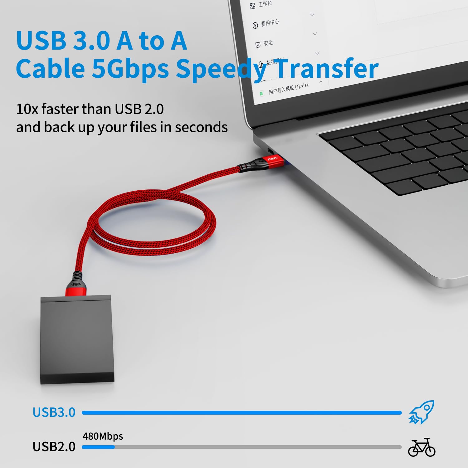 Detalle 2 de XGMATT USB 3.0 Kabel 5 m A–A, 5 Gbps, geflochten – kompatibel mit HDD, Drucker, Kamera und Externe Festplatte
