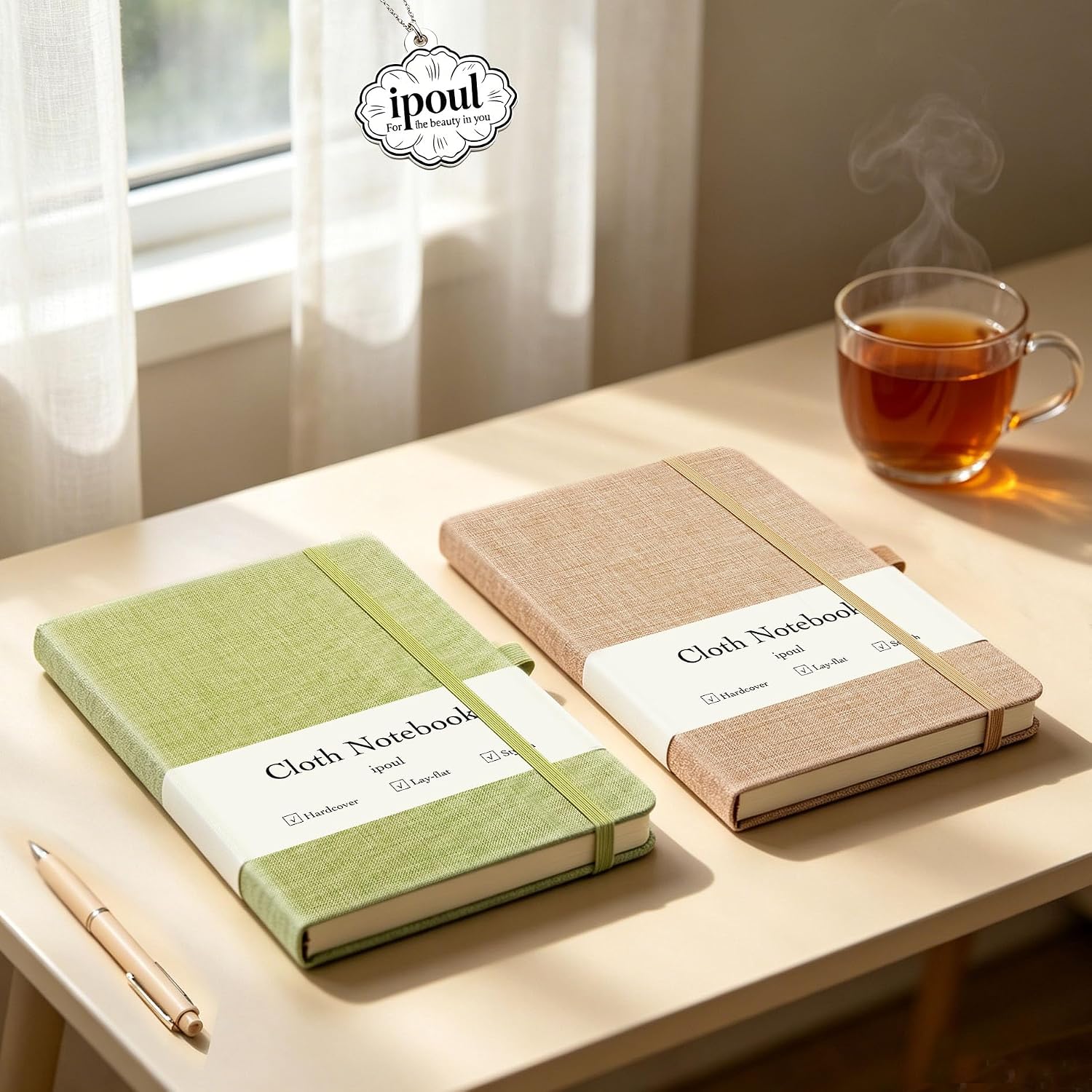 Detalle de ipoul ipoul-003-string-linen A5 Linen Notebook, Green, Lay-Flat Hardcover