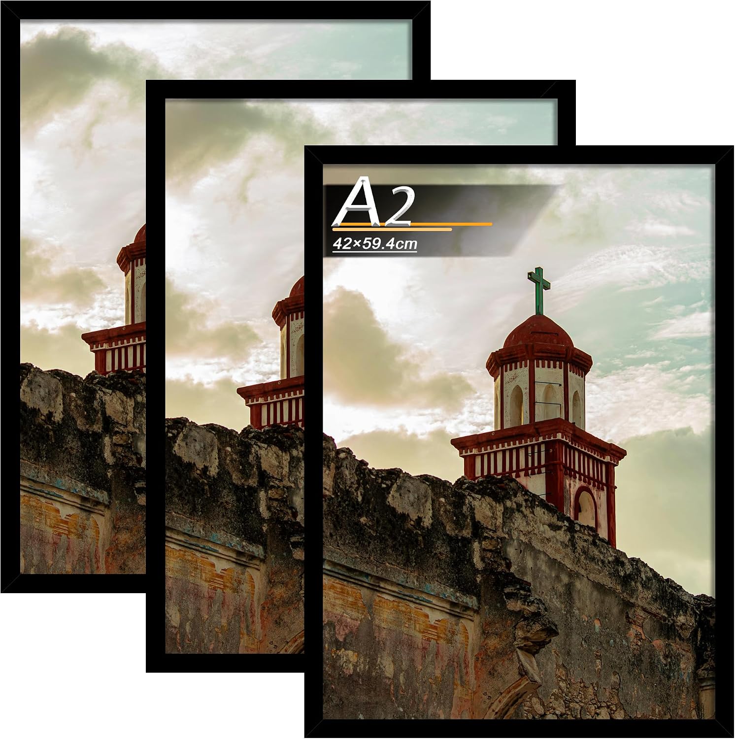 Detalle de Tinkeps 3er-Pack Bilderrahmen A2 (42x59,4 cm) Schwarz – Holzrahmen mit Plexiglas