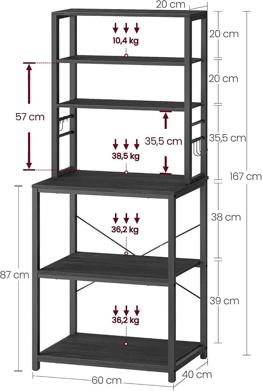 Detalle de VASAGLE KKS024B22 kökshylla med 6 hyllplan och 6 krokar