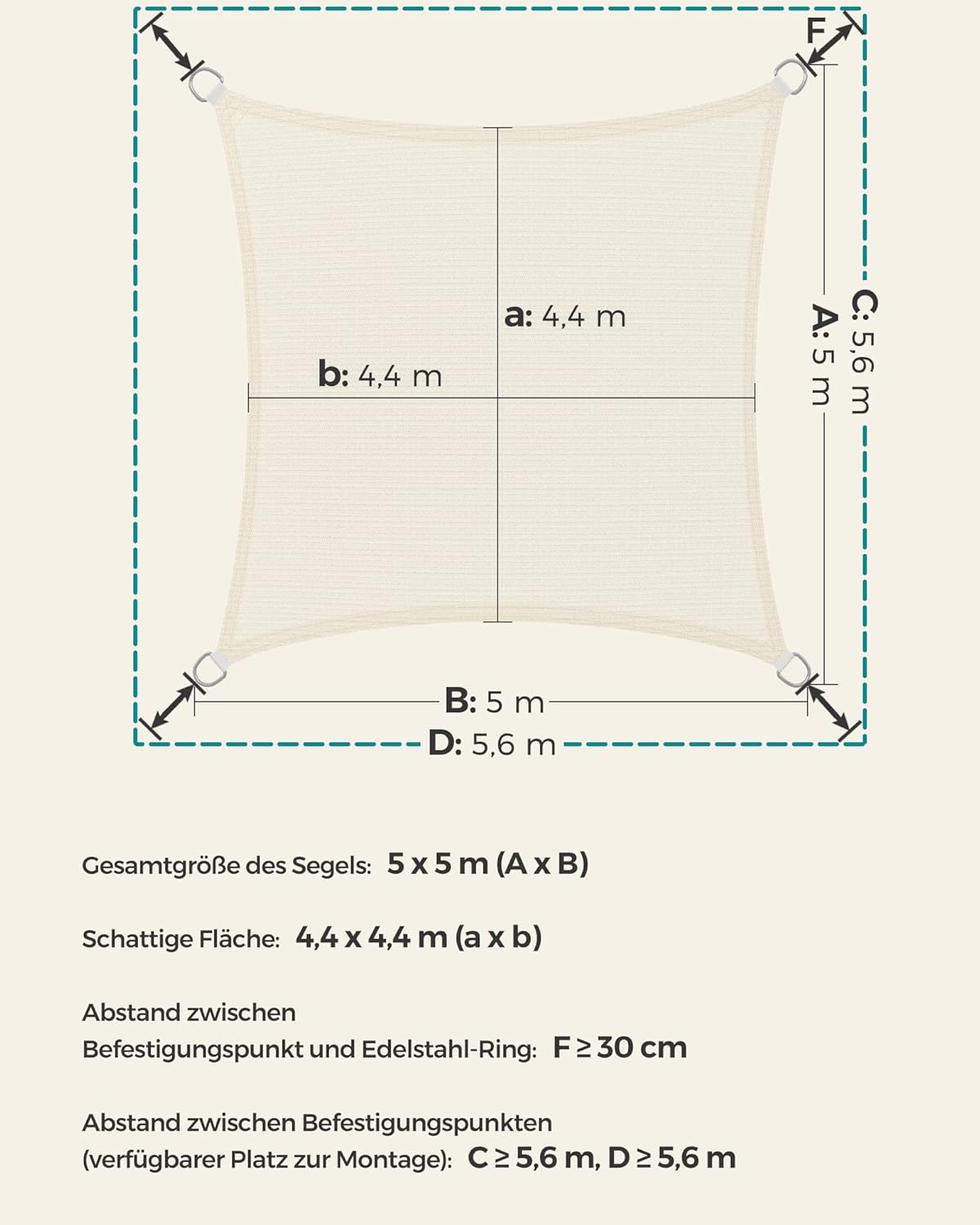 Thumbnail 2 de SONGMICS Sonnensegel 5 x 5 m (GSS55IV) aus HDPE, luft- und wasserdurchlässig, quadratisch, konkav