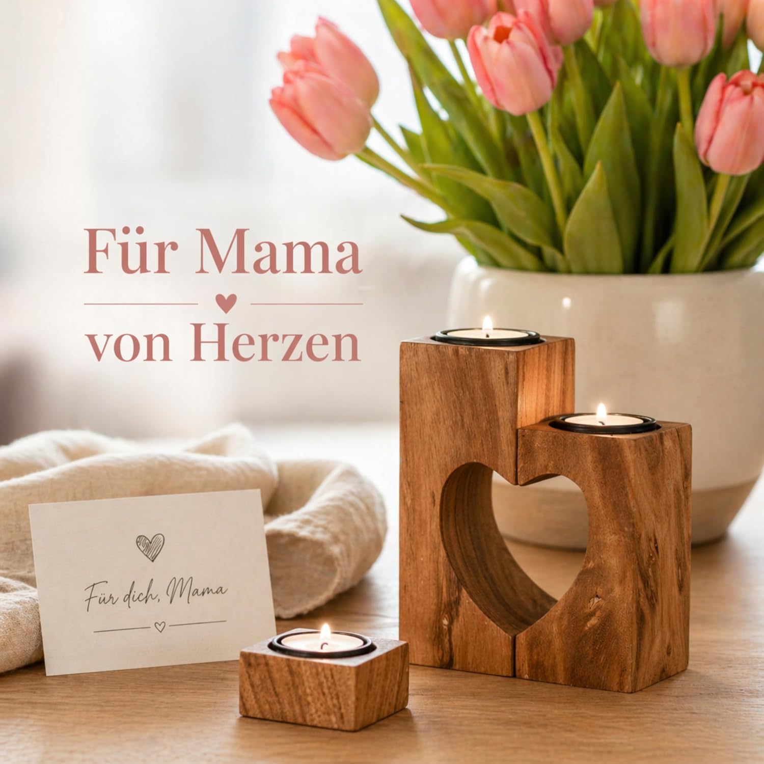 Thumbnail 1 de Muttertagsgeschenk: Teelichthalter Herz aus Akazienholz (3-teilig, 15 cm) von Plogis