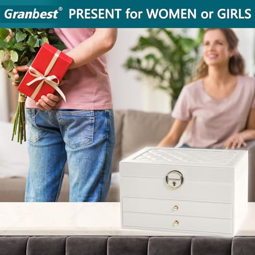 Thumbnail 6 de Granbest 3 Layers Jewellery Box with 2 Drawers — Elegant Leather Storage for Necklaces, Rings, Bracelets and Earrings (White)