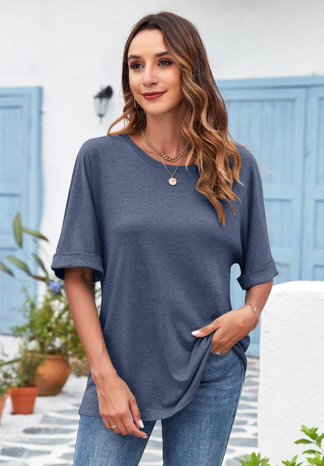 Thumbnail 1 de WNEEDU Oversize Shirt Damen – Kurzarm Rundhals mit gekrempelten Ärmeln für Sommer & Alltag
