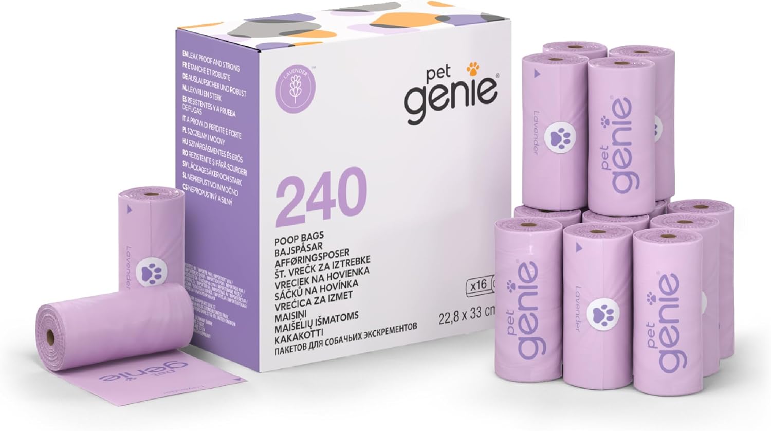 Pet Genie – Sacs Ramasse-Crottes pour Chiens, Étanches et Renforcés, Parfum Lavande, 240 Sacs (16 Rouleaux) – Écologiques