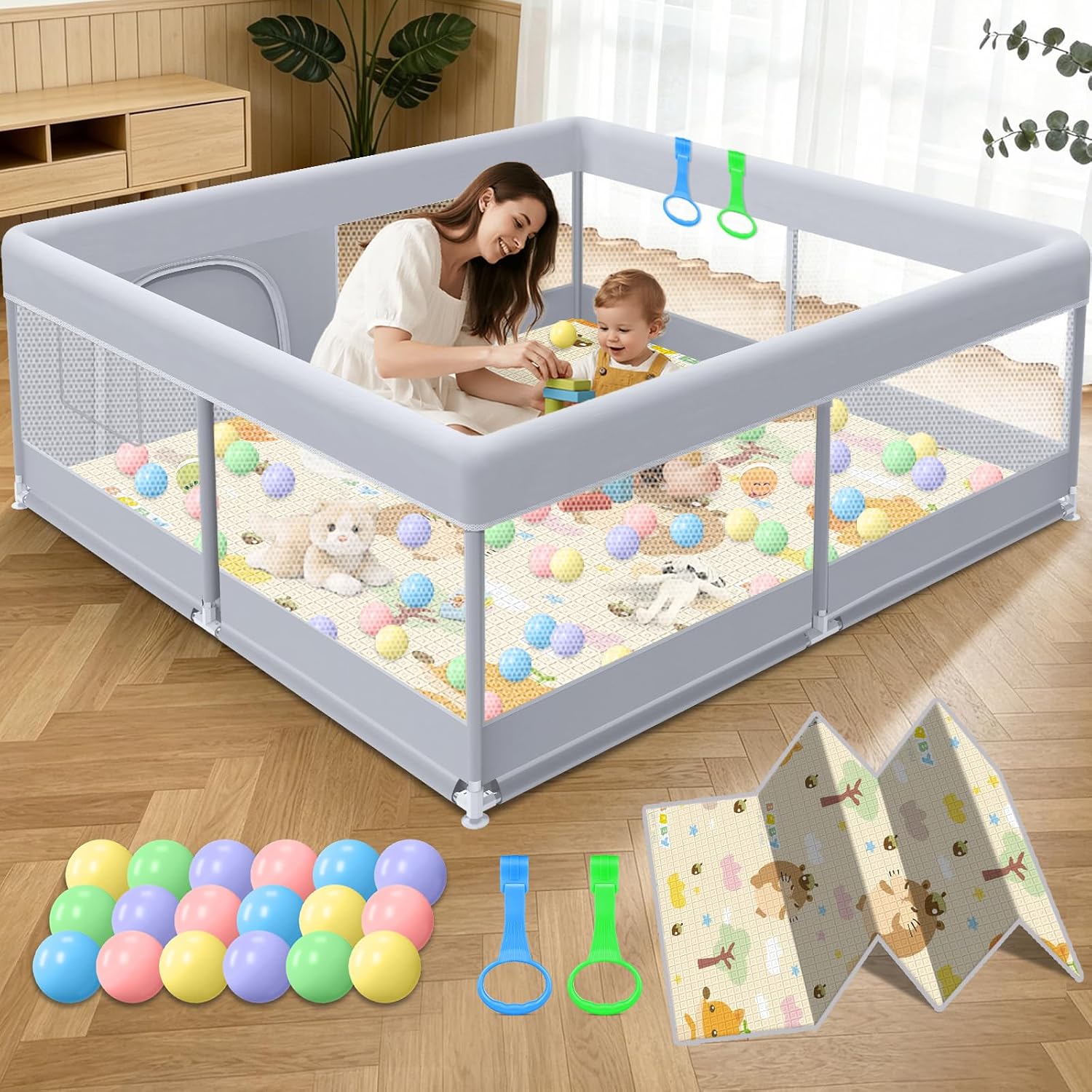 Detalle de XVISHX 50 x 50 Inch Baby Playpen with Mat, Mesh Sides & 18 Balls