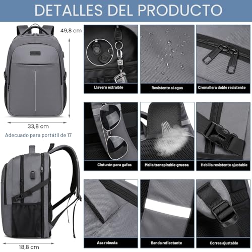Thumbnail 3 de Mochila impermeable para Portátil 17,3'' WENIG, 50 L, USB y antirrobo – Gris