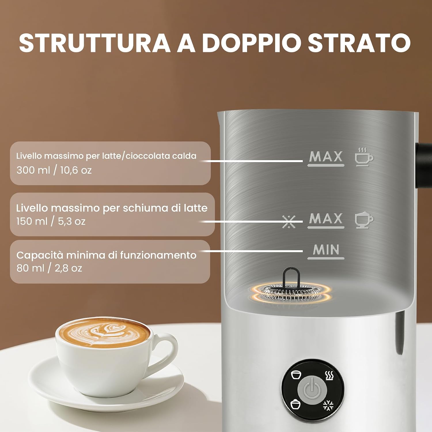 Detalle de Montalatte Elettrico 4 in 1 in acciaio inox 300 ml – versatilità per capuccino, caffè e cioccolata
