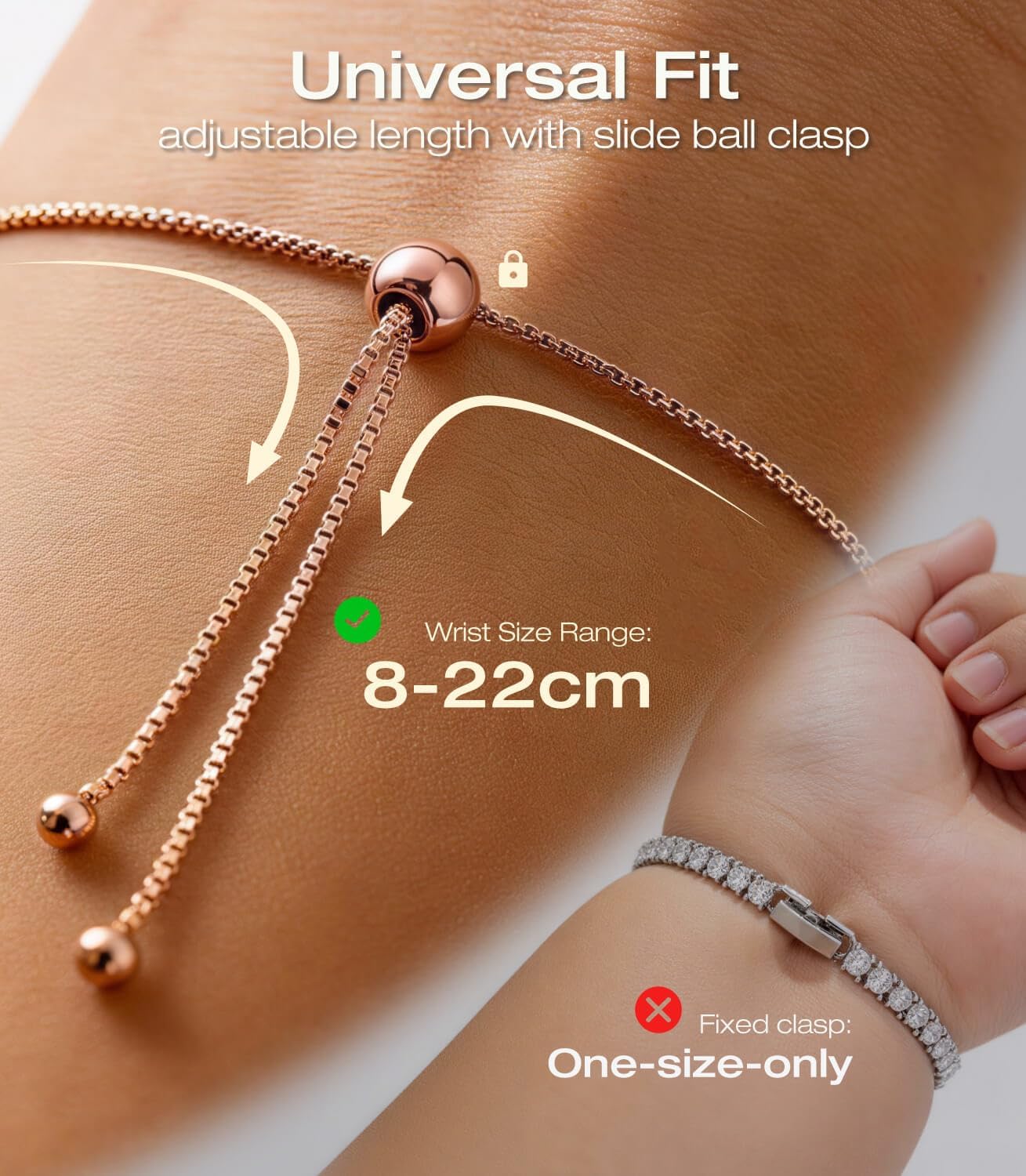 Thumbnail 5 de LOVANS Adjustable 4/5/6mm Cubic Zirconia Tennis Bracelet – White/Rose Gold Plated