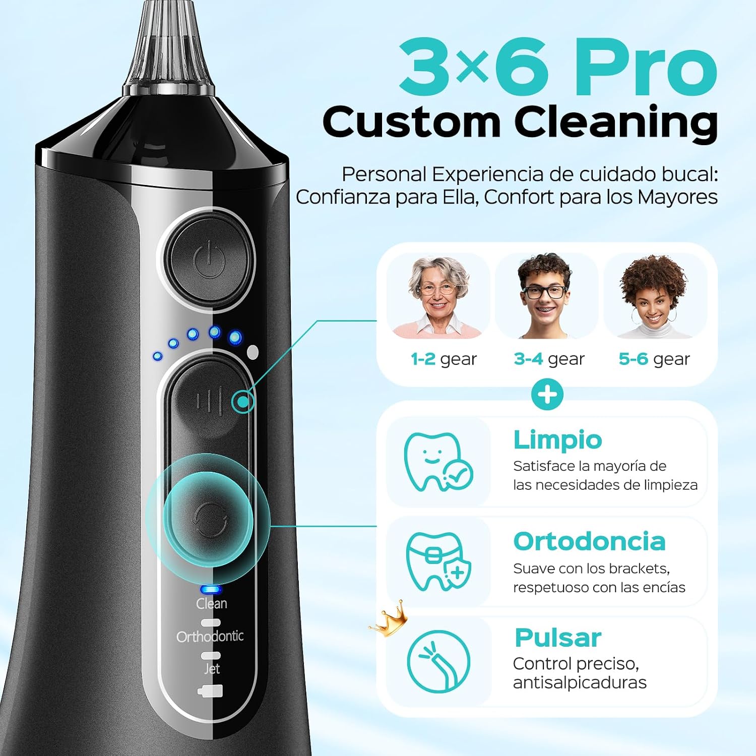 Detalle de COSLUS C51 irrigador dental bucal portátil inalámbrico con 3 modos, 18 niveles y depósito de 300 ml (IPX7)