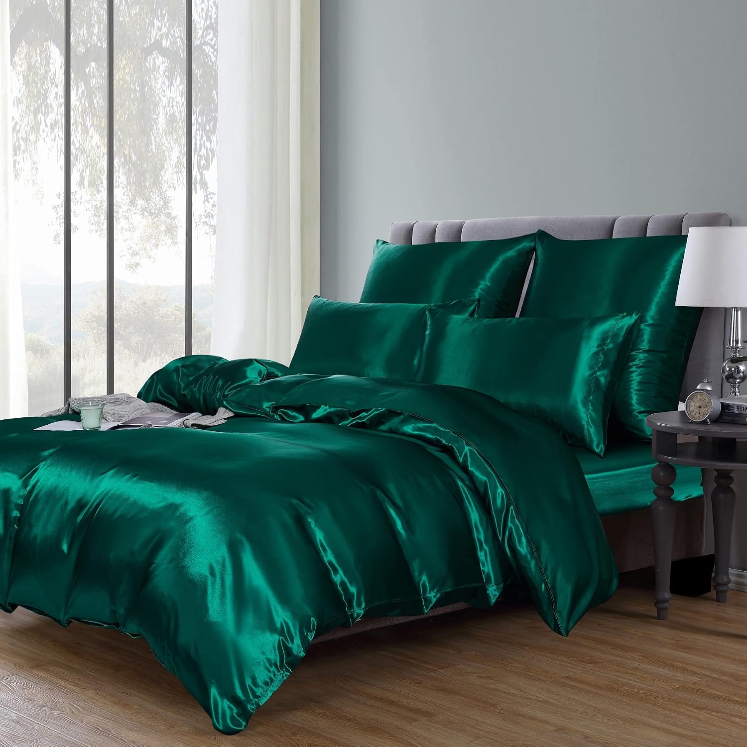 Detalle de Luofanfei Housse de Couette 240x260 Vert foncé Satin – Parure Unie 2 Personnes avec 2 Taies 65x65 cm