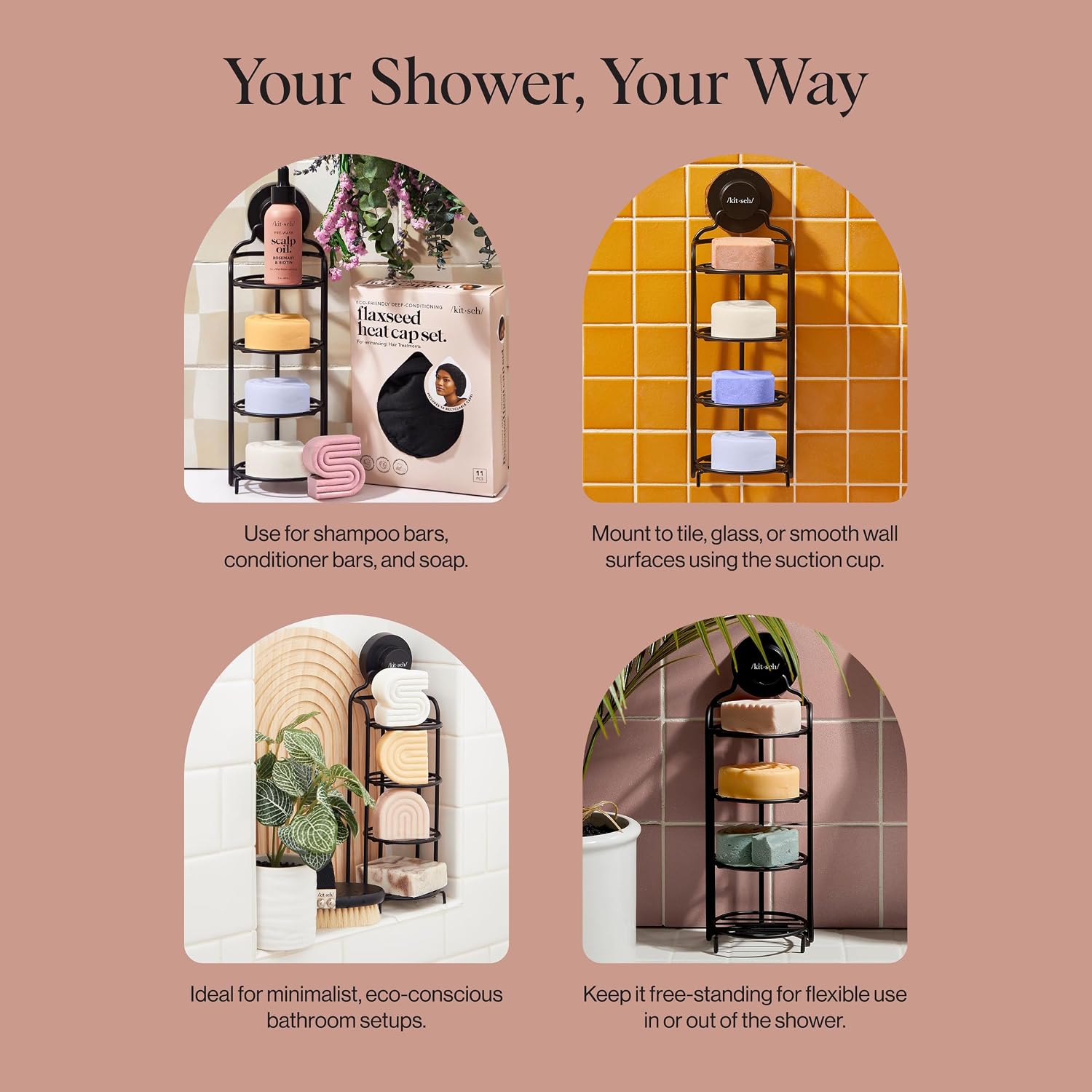 Detalle de Kitsch Hanging Shower Caddy with Suction Cup – self-draining bar soap holder for shampoo and conditioner bars