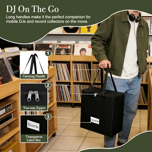 Detalle de HEYCOOK Vinyl Record Storage Box – Holds Up To 50 12-Inch Records (Sealed, Dust-Proof) with Lid, Handles and 32.5 x 18 x 32.5 cm