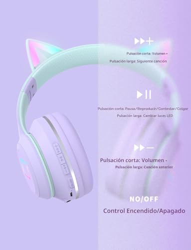 Detalle de Xunpuls Auriculares Bluetooth para niños con orejas de gato LED y micrófono