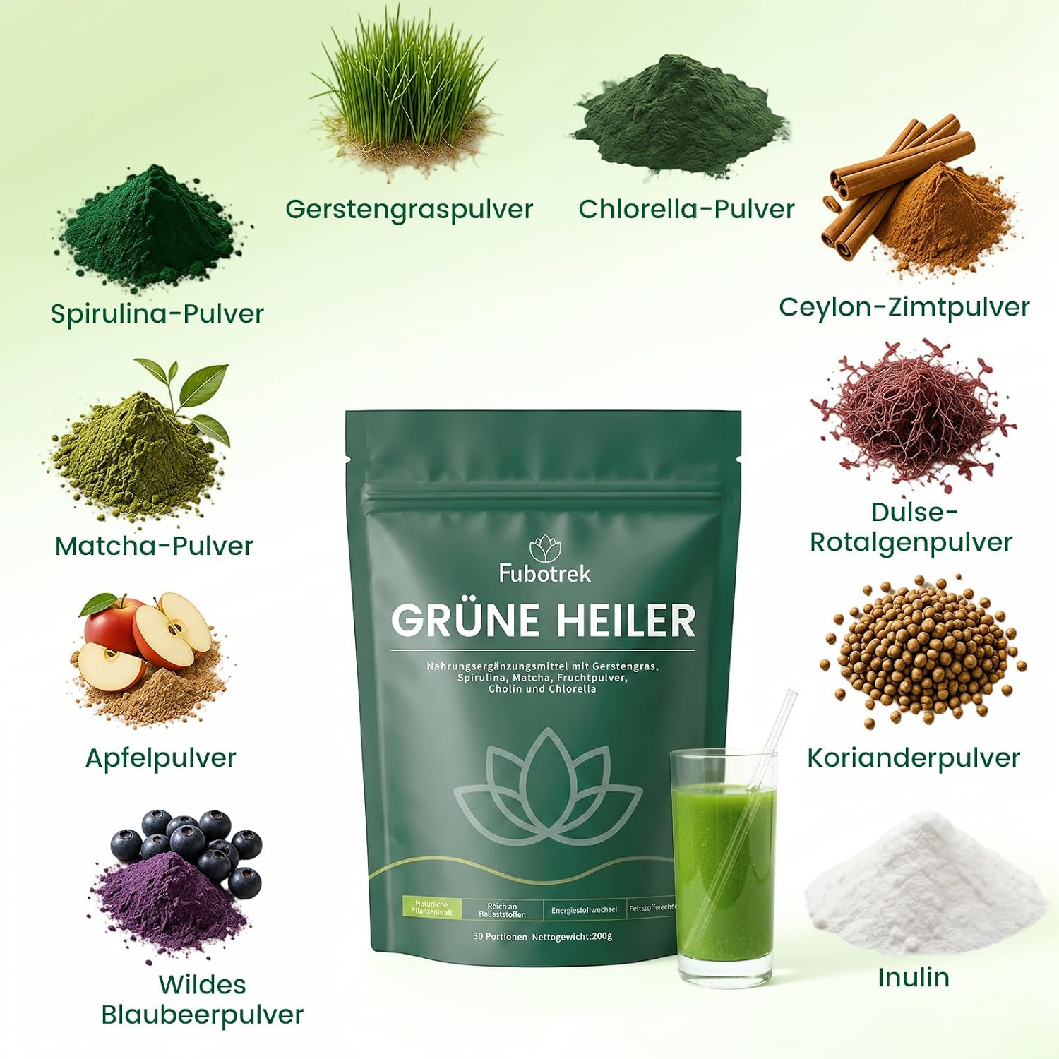 Detalle de Grüne Entgiftungspulver 200 g – Matcha, Spirulina & Heidelbeeren