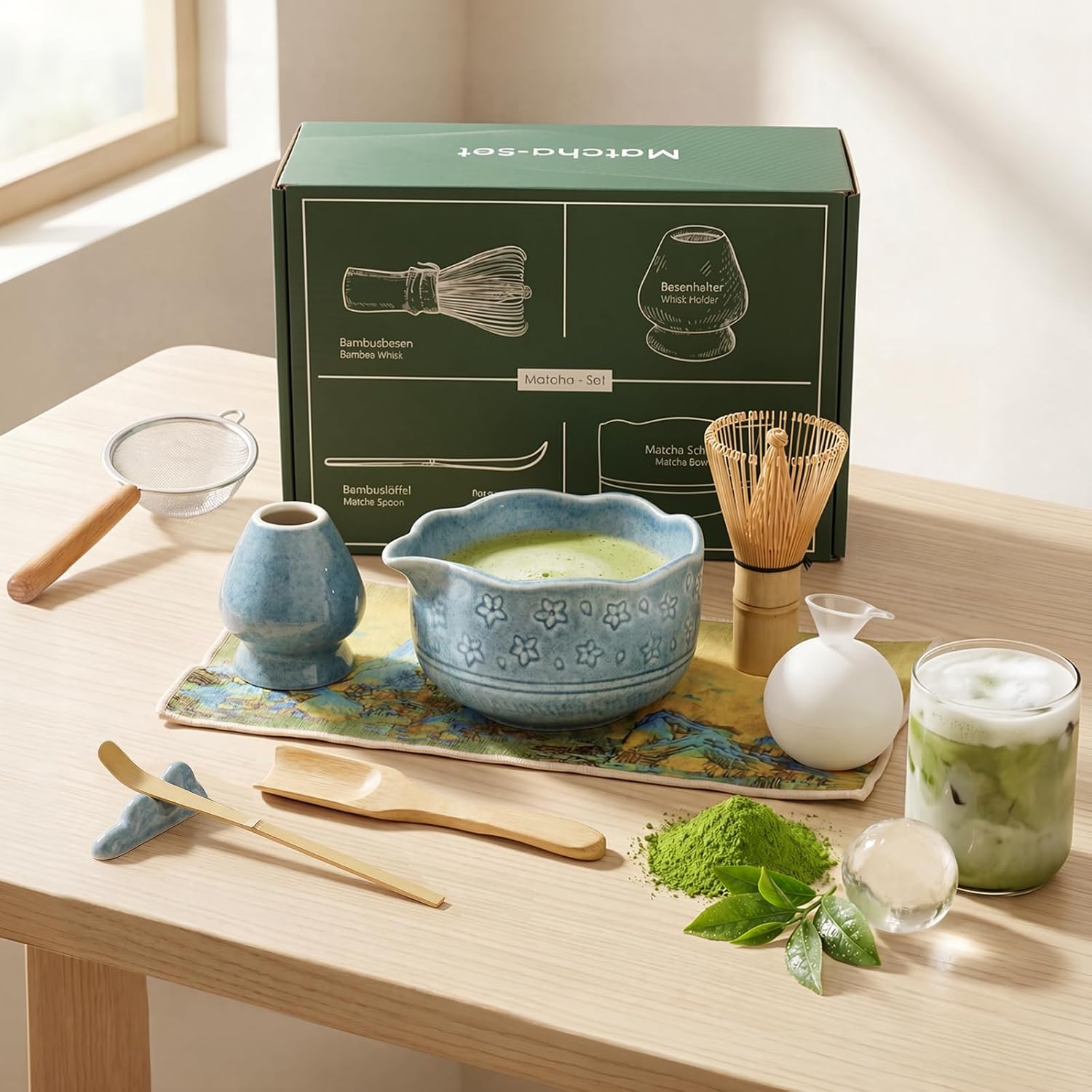 Detalle de VONATES Matcha whisk set matchaset met kersenbloesemkom en bamboeaccessoires