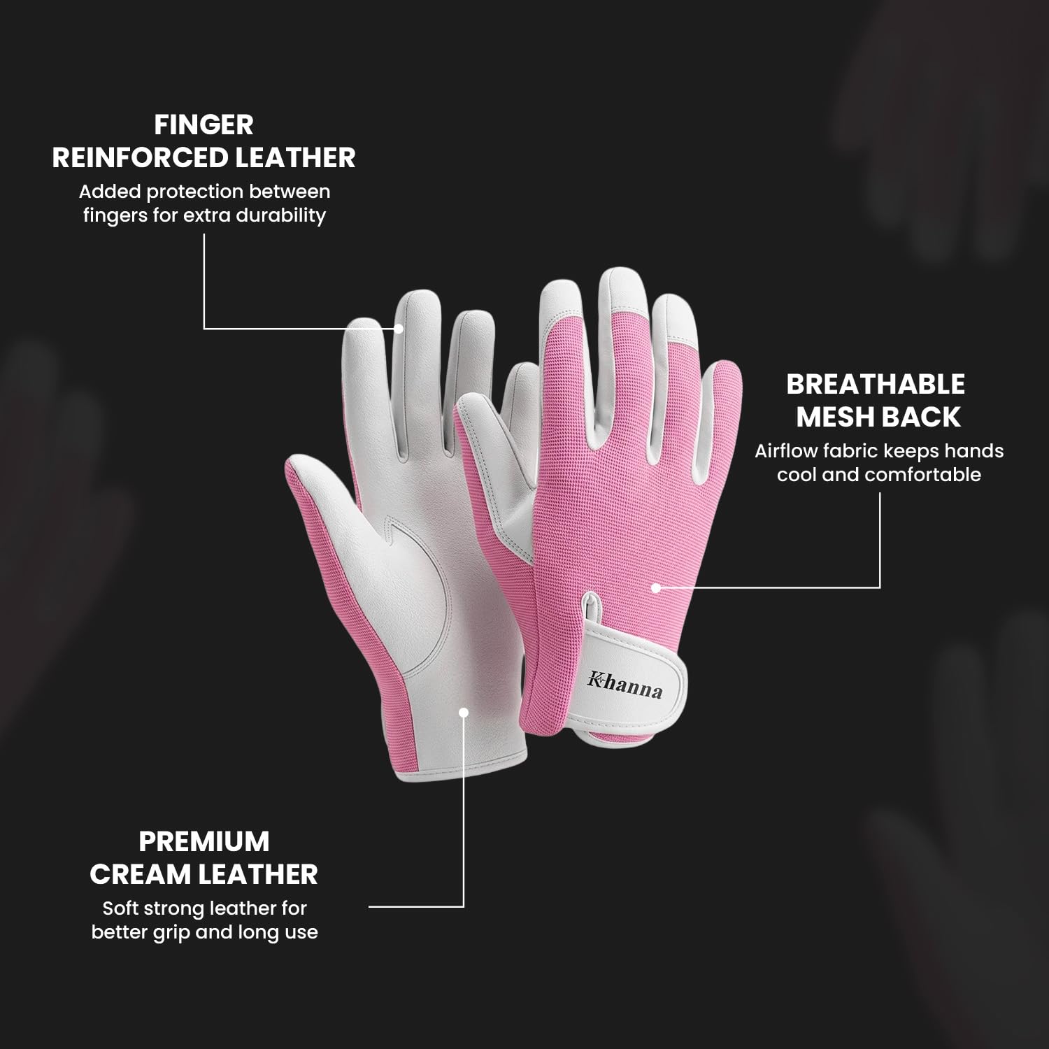 Detalle 2 de Khanna Leather Gardening Gloves, Baby Pink – Medium, Thorn Proof & Heavy Duty for Men & Women