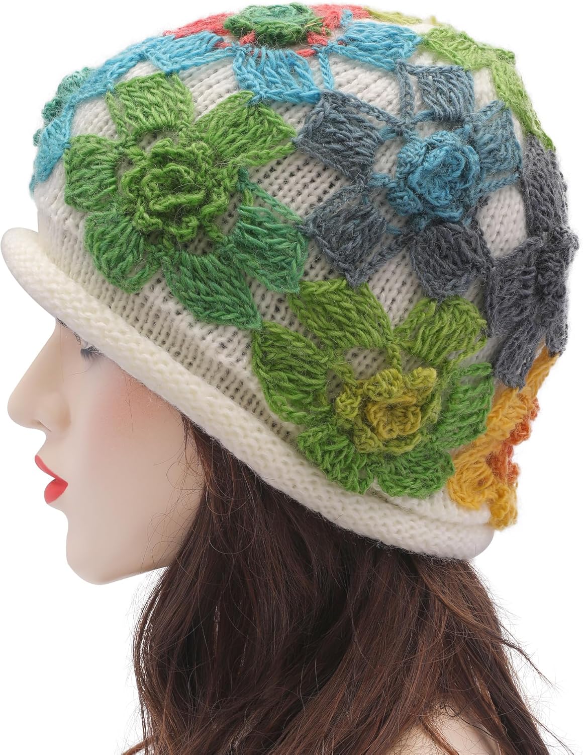 Thumbnail 2 de ZLYC Damen Winter Vintage Woll-Strickmütze Beanie Bowler Hut mit Blumenakzent (Einheitsgröße)