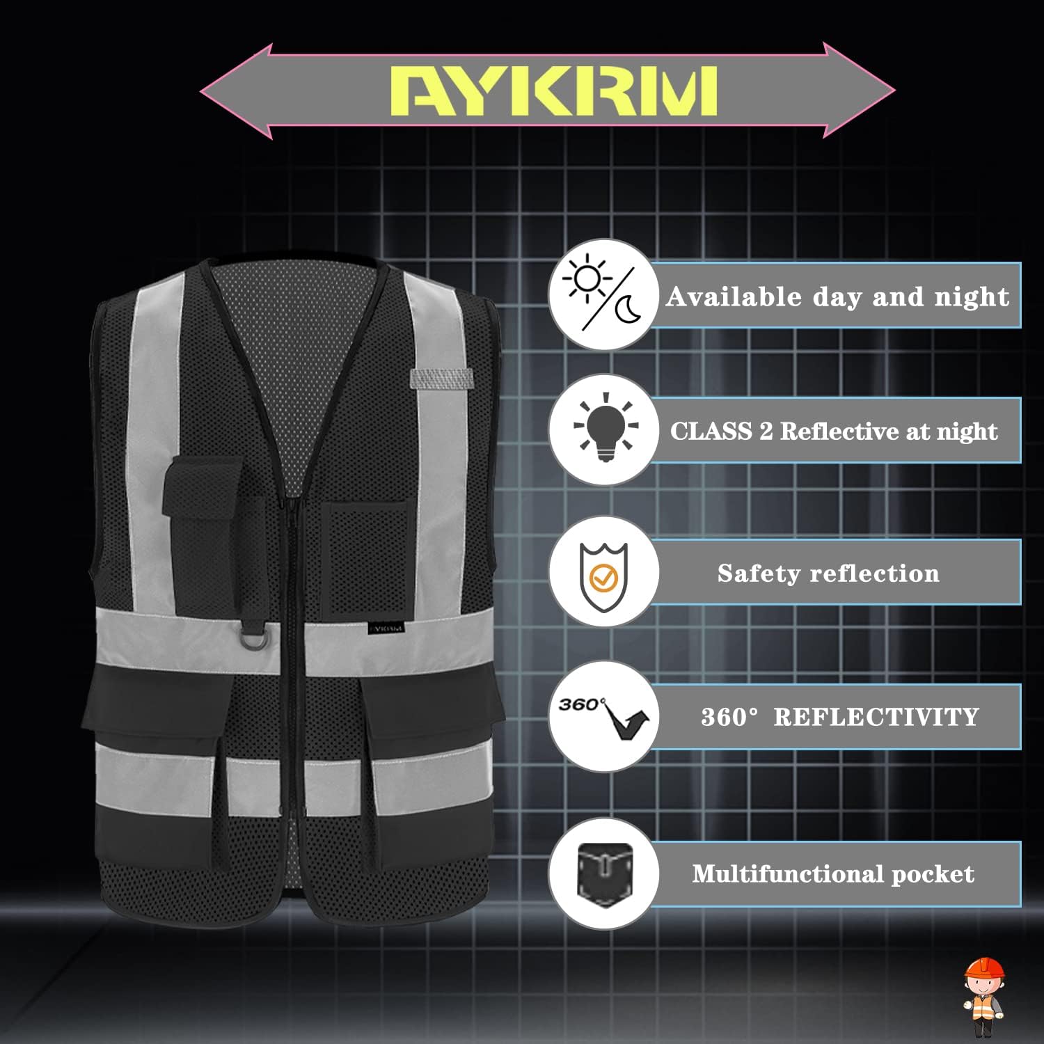 Thumbnail 3 de AYKRM Gilet de sécurité réfléchissant Noir Haute Visibilité – Mesh avant, bandes réfléchissantes