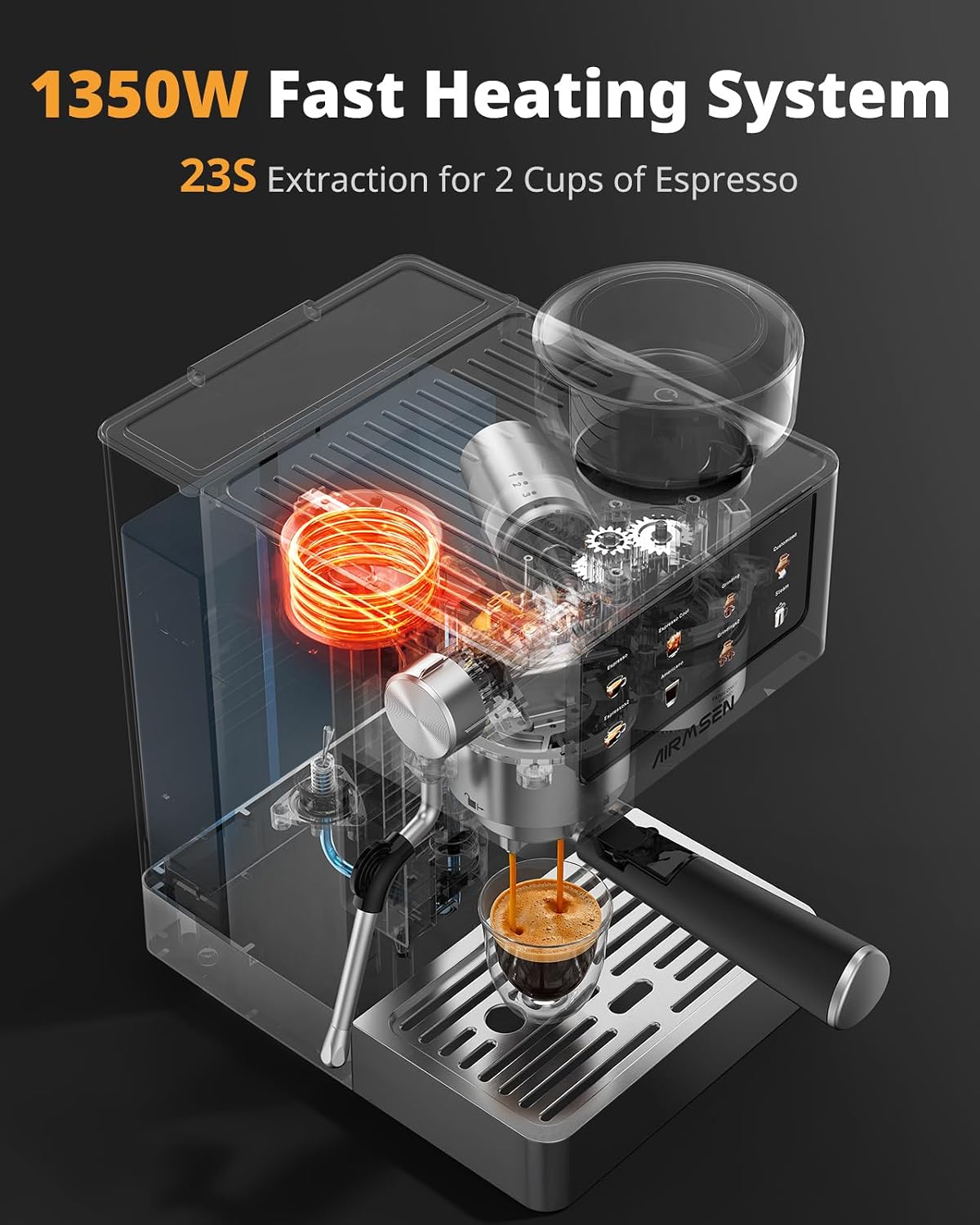 Thumbnail 5 de Airlmsen Bean to Cup Coffee Machine with Grinder & Milk Frother (20 bar) for home