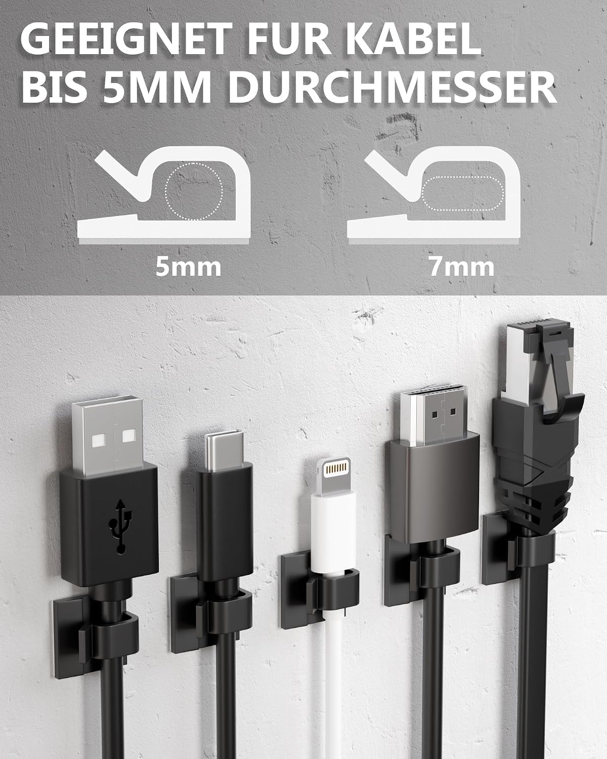 Detalle 2 de Tesmax 50 selbstklebende Kabelhalter (Kabelclips) in Schwarz für sauberes Kabelmanagement
