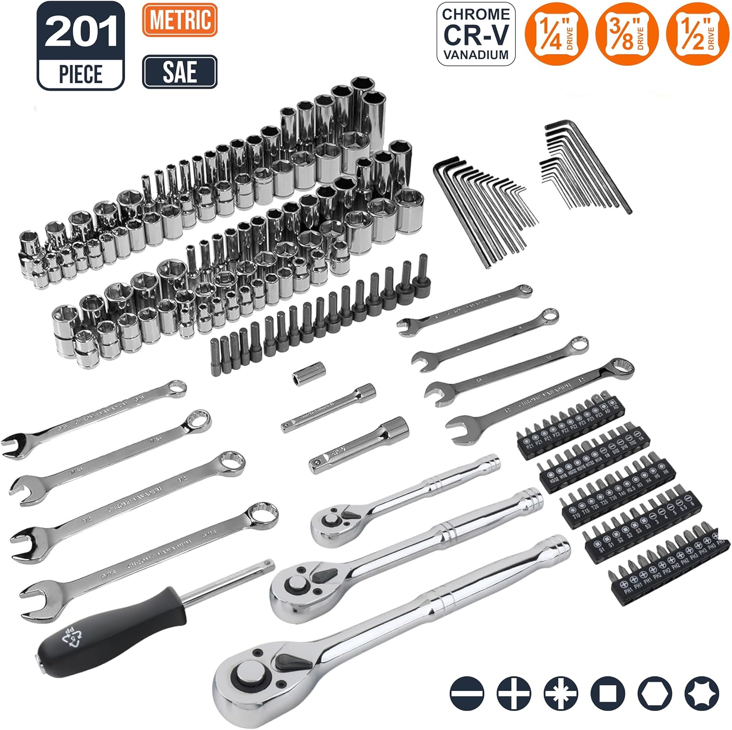Detalle de Amazon Basics zestaw nasadek 201 elementów, stal chromowo-wanadowa, walizka