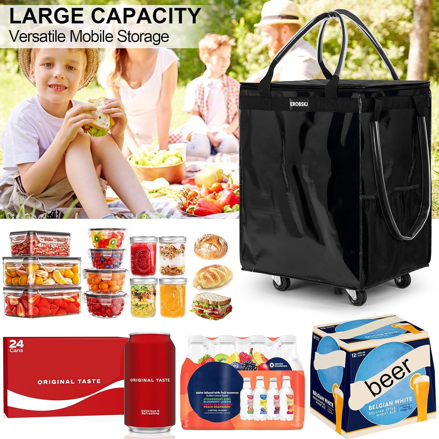 Thumbnail 5 de EROBSKJ Large Black Reusable Grocery Bag on Wheels (Foldable Rolling Tote)