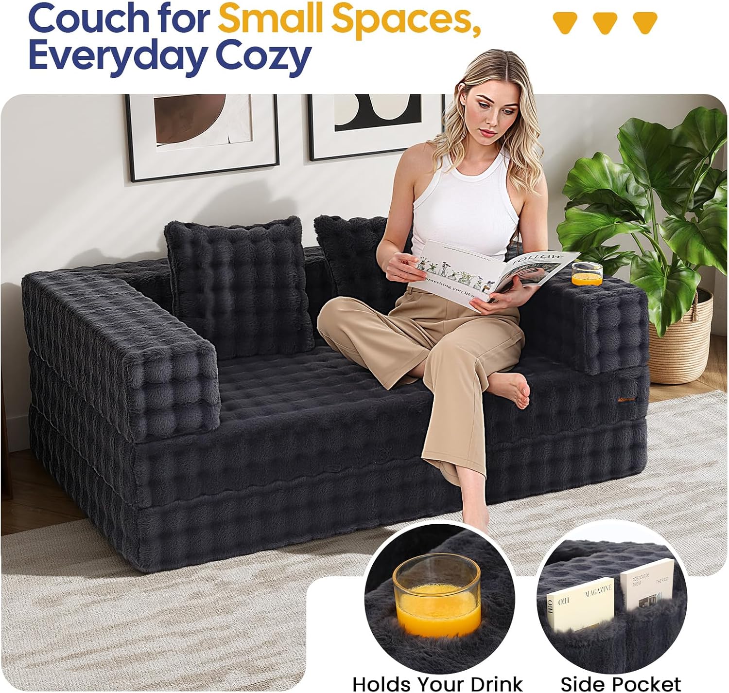 Detalle de COMAX Convertible Sofa Bed (Corduroy Beige) – Folding Floor Couch Bed Futon Sleeper w/ Pillows