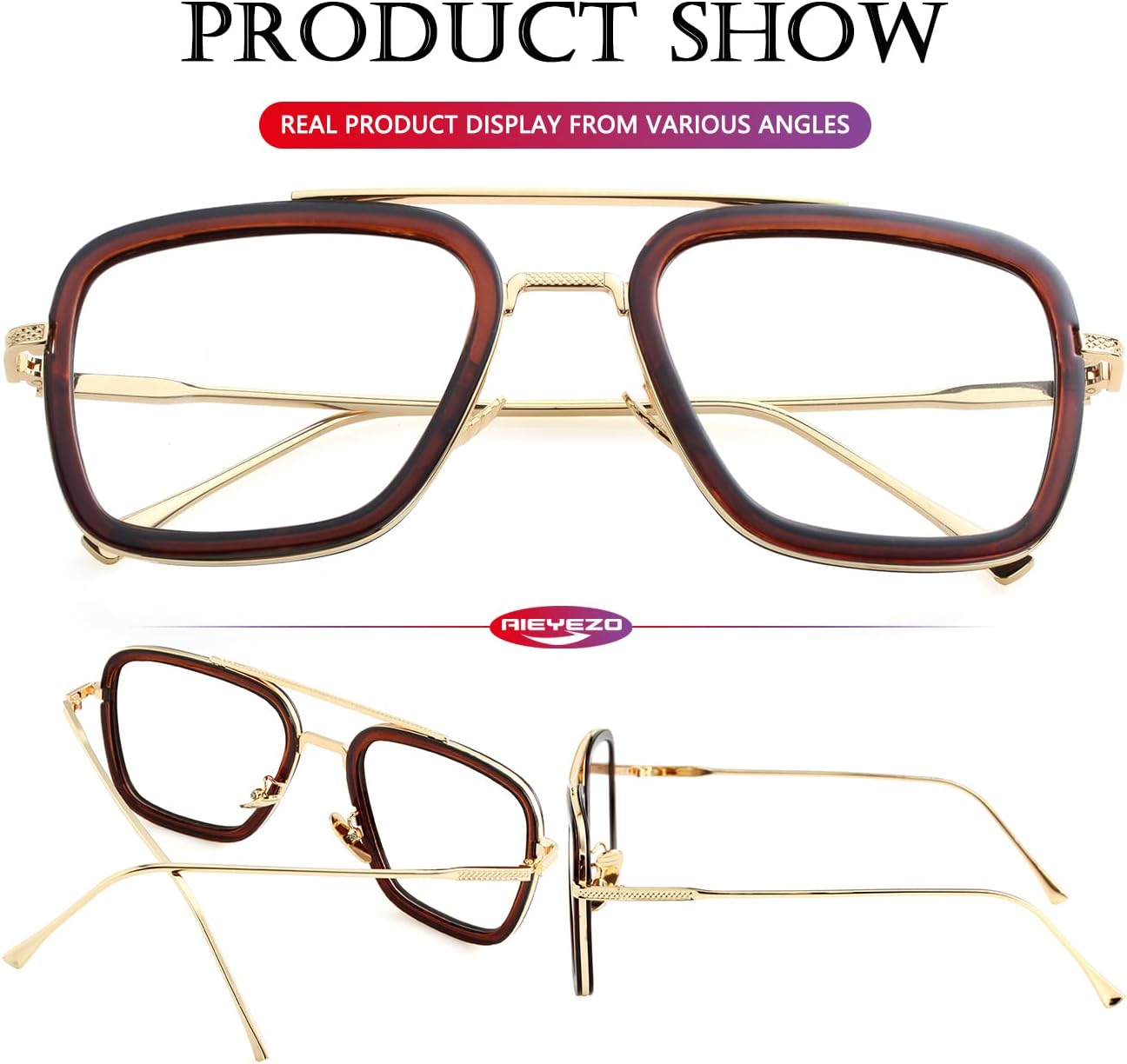 Detalle 1 de AIEYEZO Tony Stark Vintage Square Sunglasses, Metal Frame, UV Protection