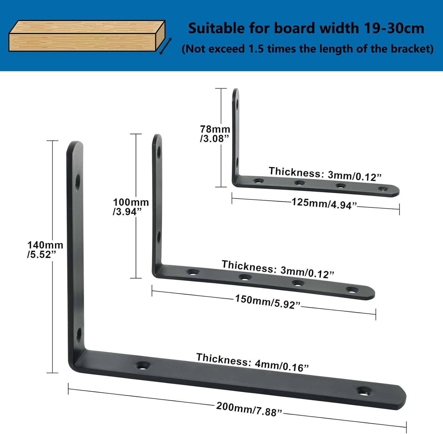 Thumbnail 3 de Mooche 8PCS Black Shelf Brackets 200mm – Heavy-Duty Metal L Brackets for Wall Mounted Shelves